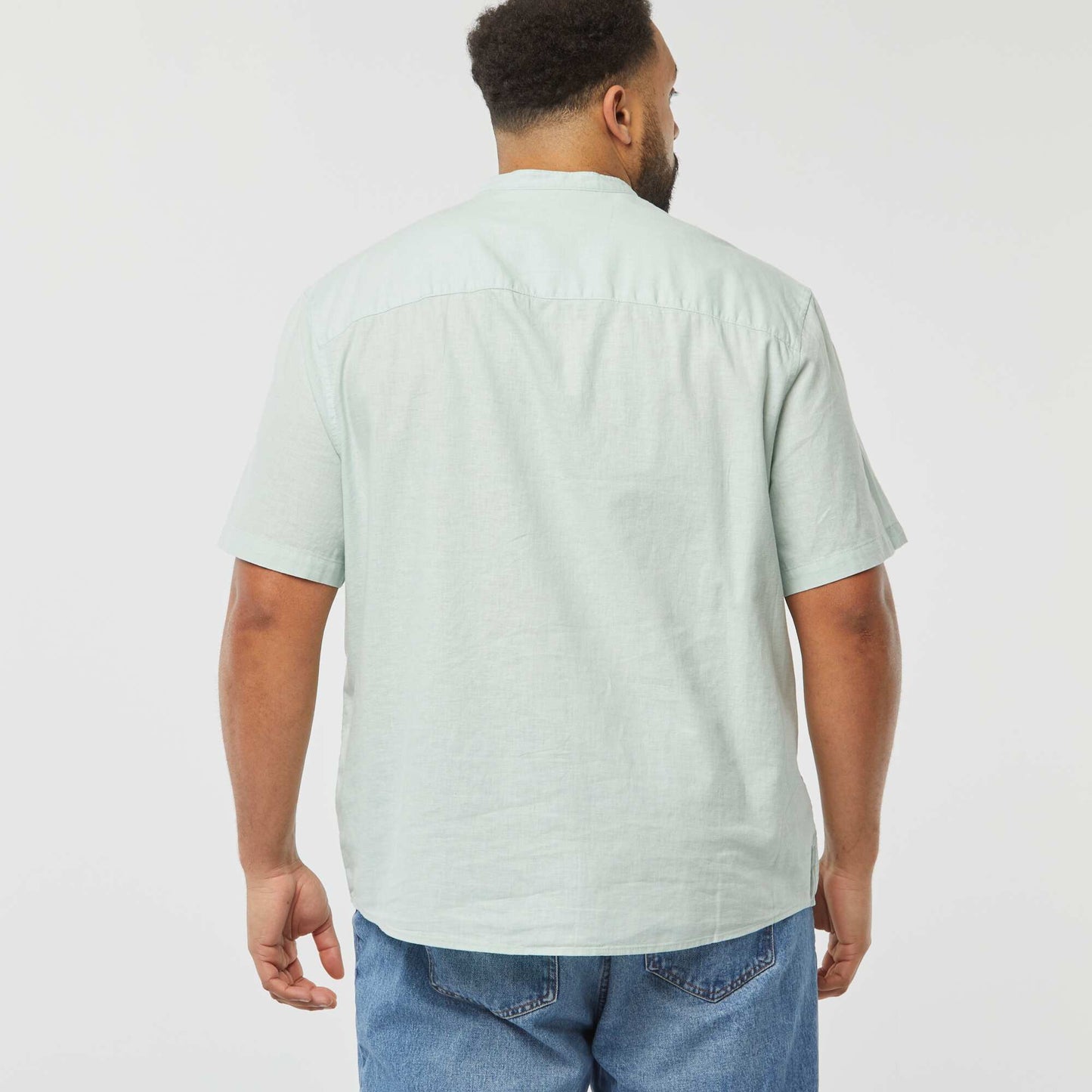 Chemise unie à manches courtes en lin mélangé BLEU