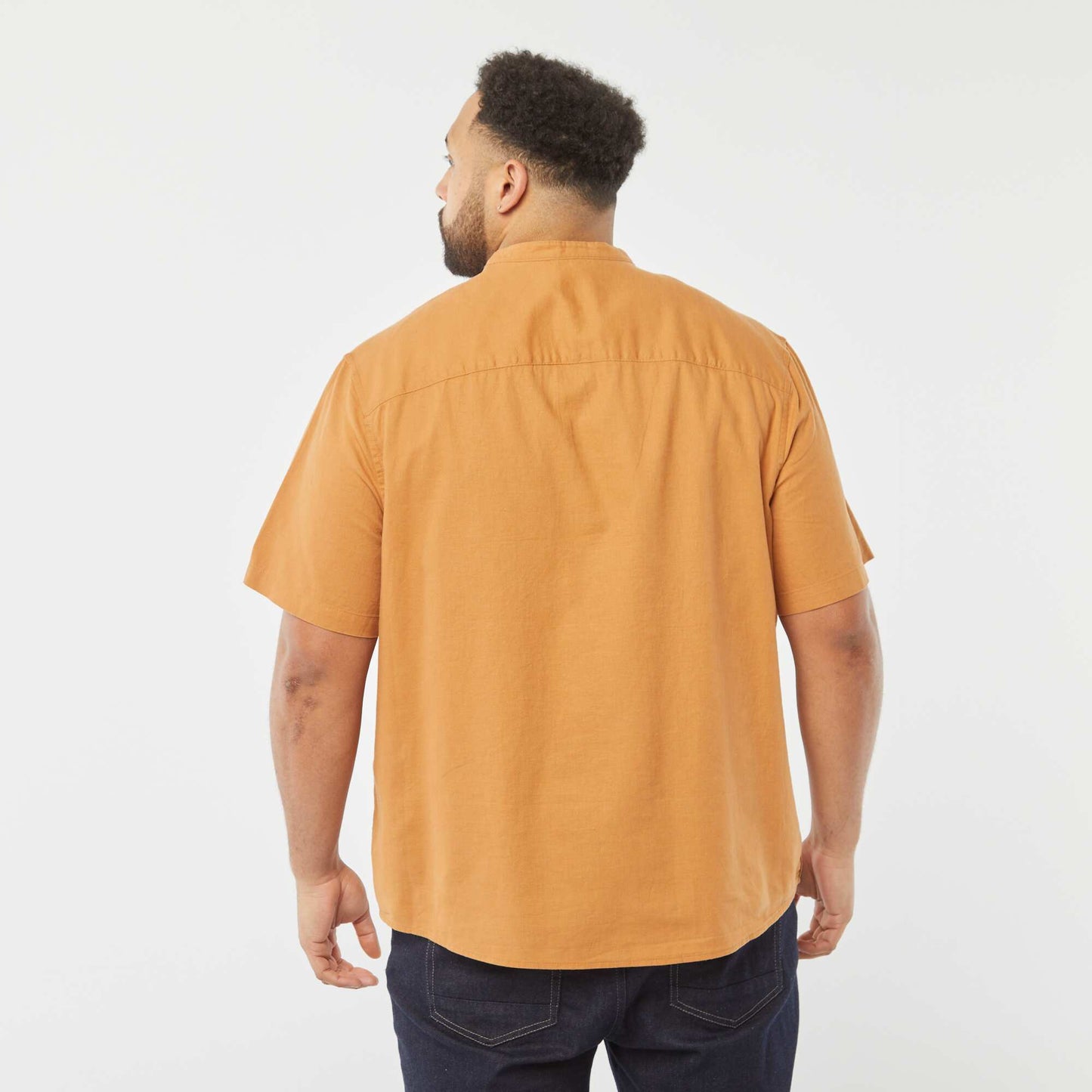 Chemise unie à manches courtes en lin mélangé MARRON