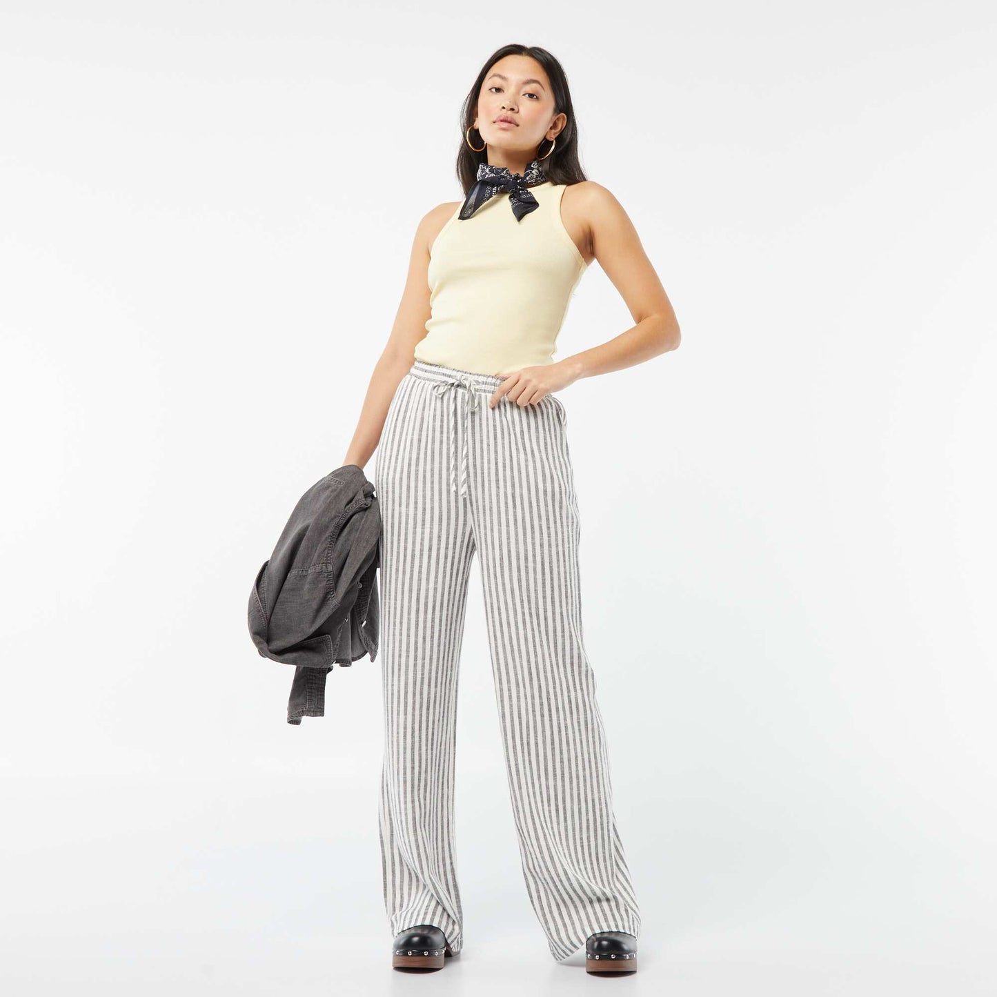 Pantalon large en lin mélangé GRIS RAYé