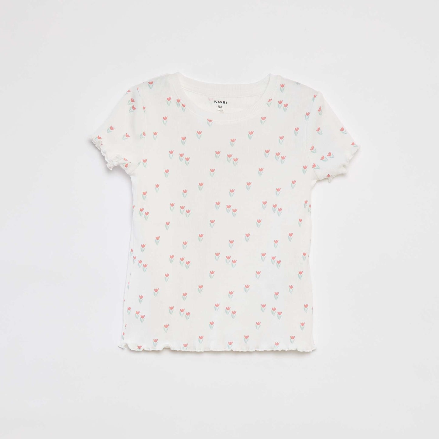T-shirt côtelé avec bords ondulés et motifs BLANC