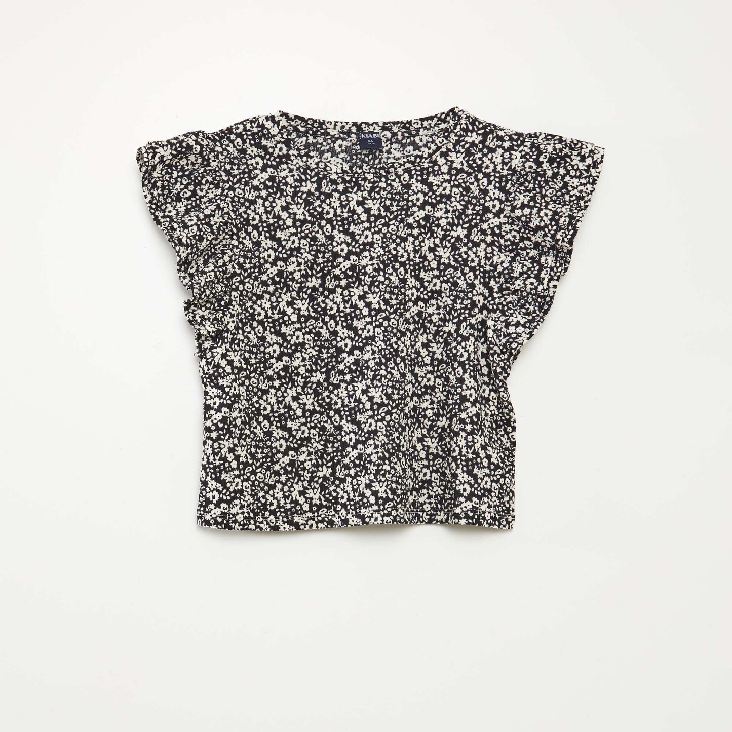 T-shirt à manches courtes volantées et à col rond avec imprimé NOIR