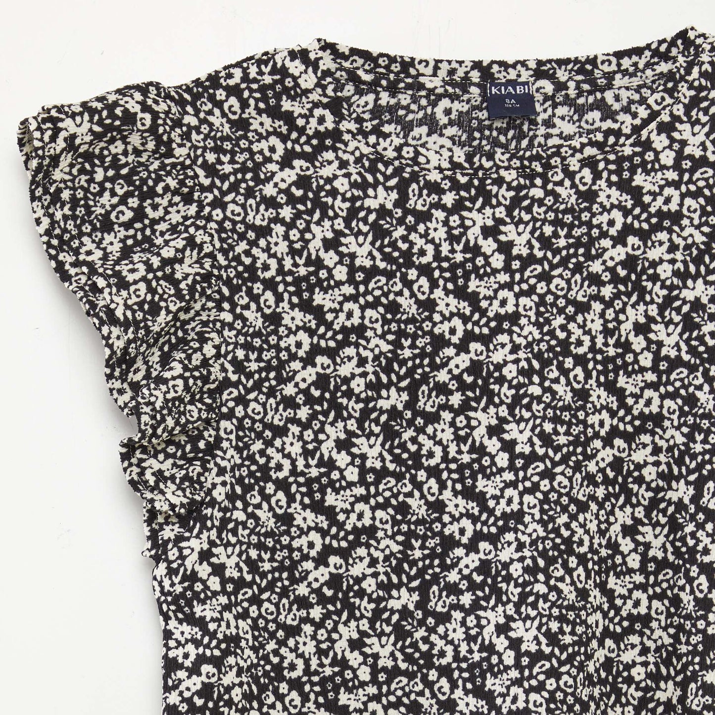 T-shirt à manches courtes volantées et à col rond avec imprimé NOIR