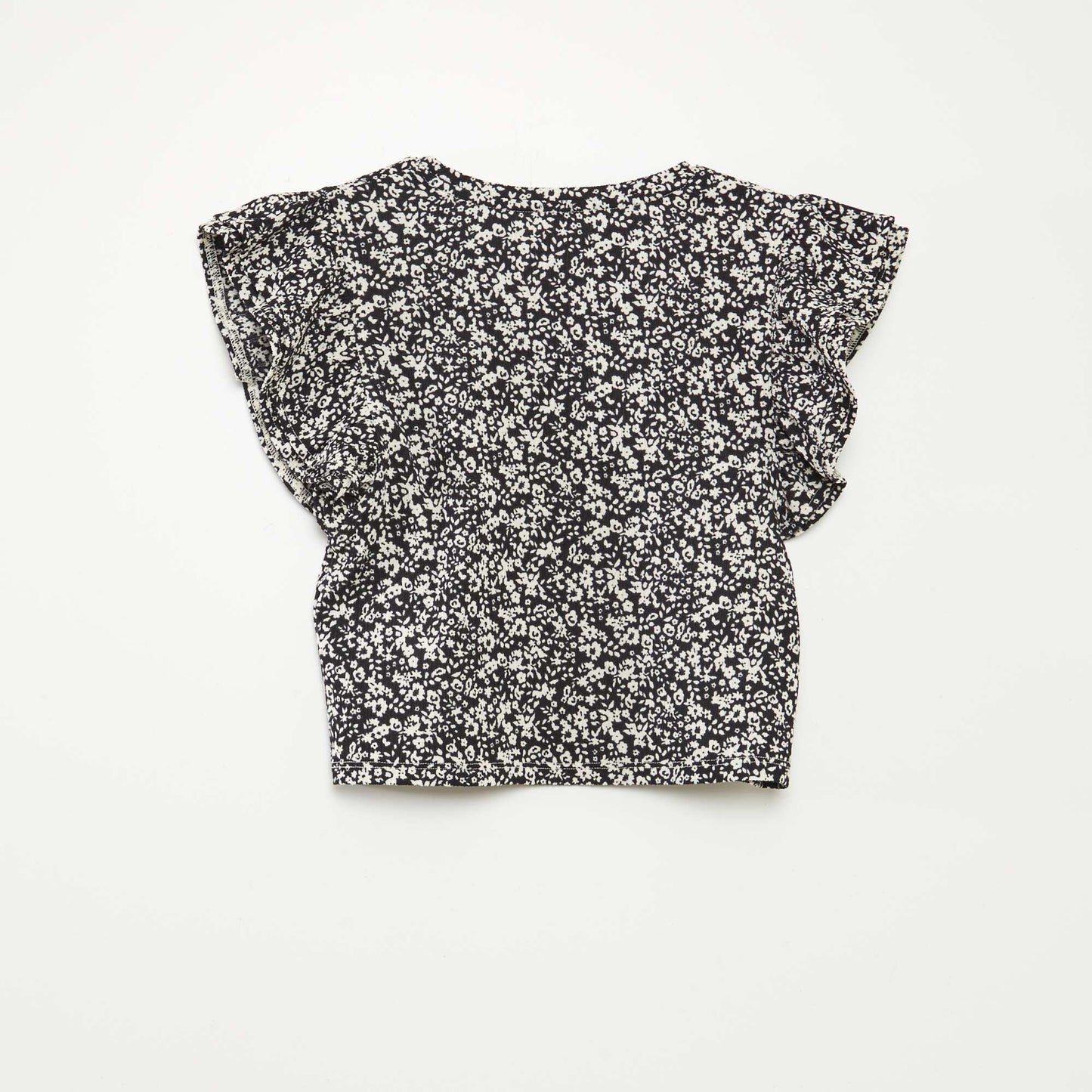 T-shirt à manches courtes volantées et à col rond avec imprimé NOIR