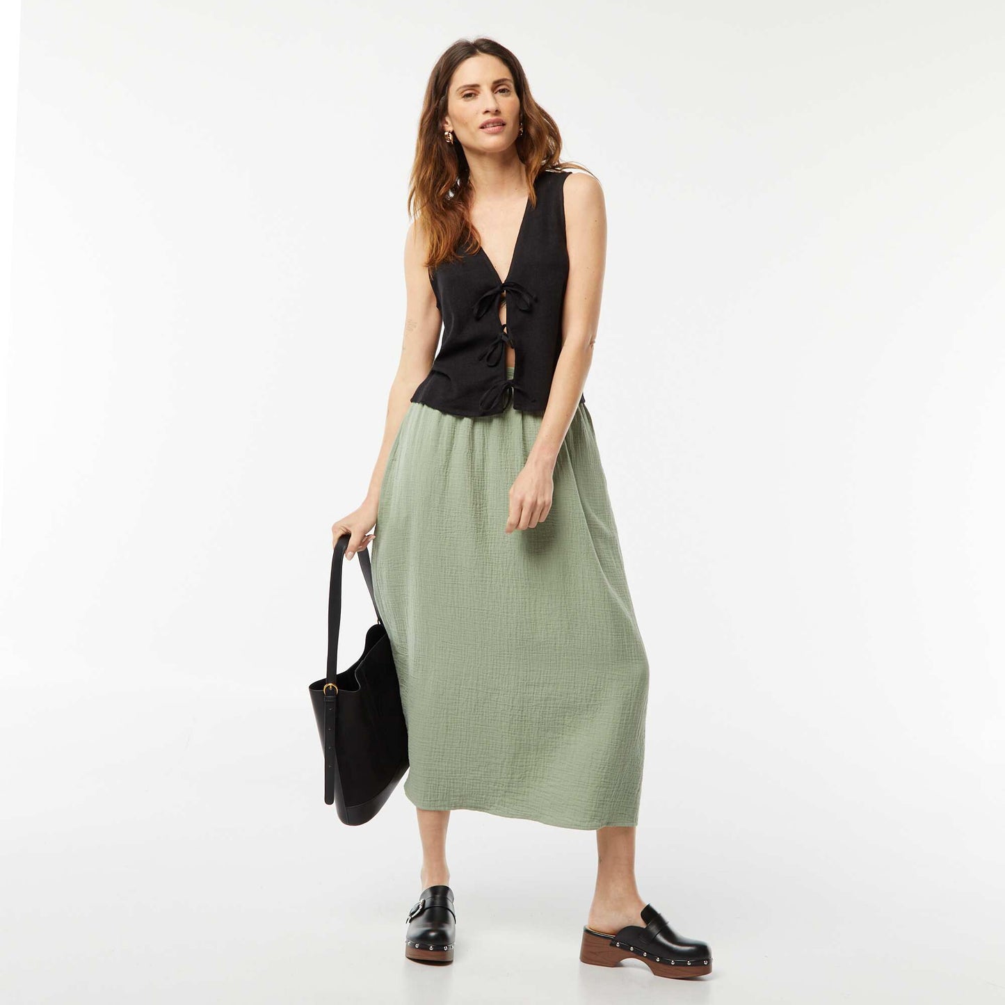 Jupe midi en gaze de coton VERT