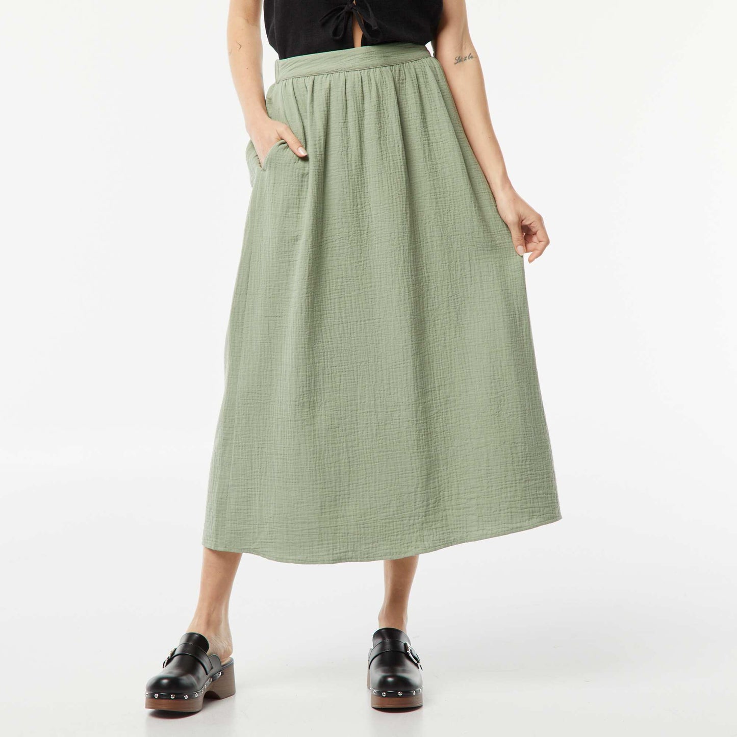 Jupe midi en gaze de coton VERT