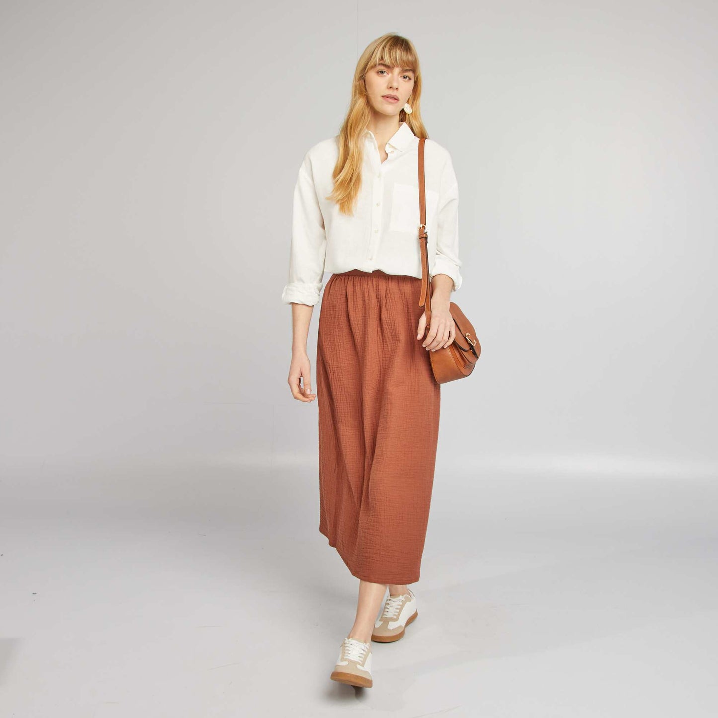 Jupe midi en gaze de coton MARRON