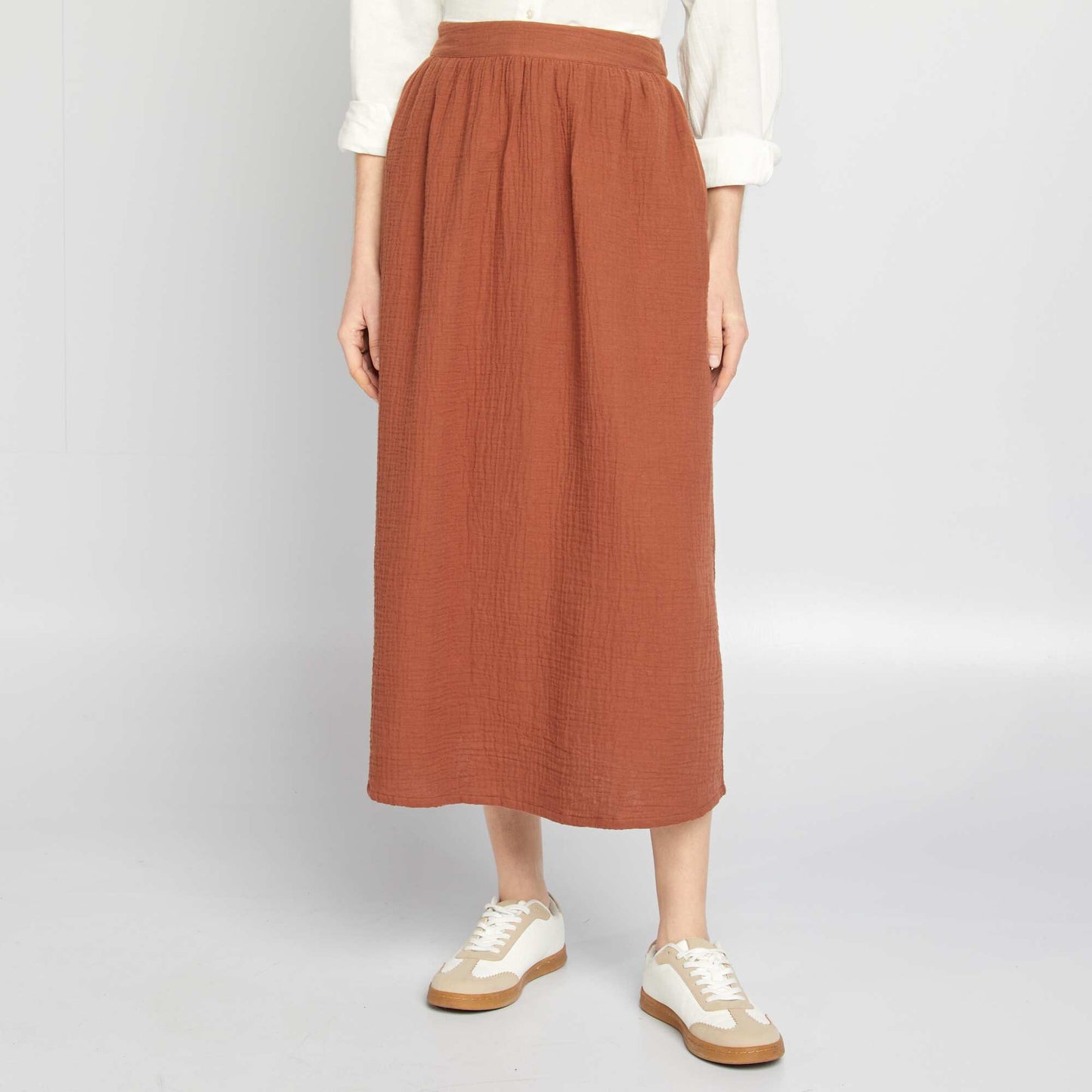 Jupe midi en gaze de coton MARRON