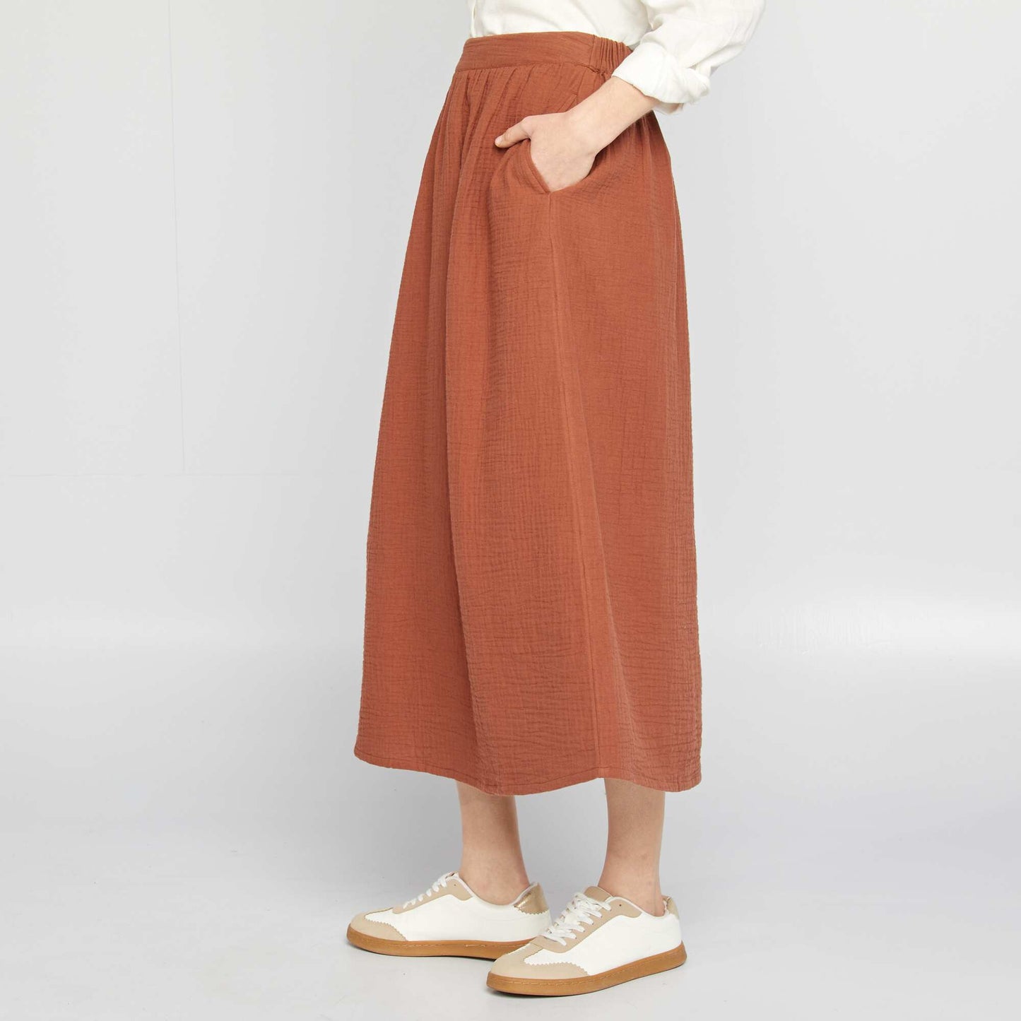Jupe midi en gaze de coton MARRON