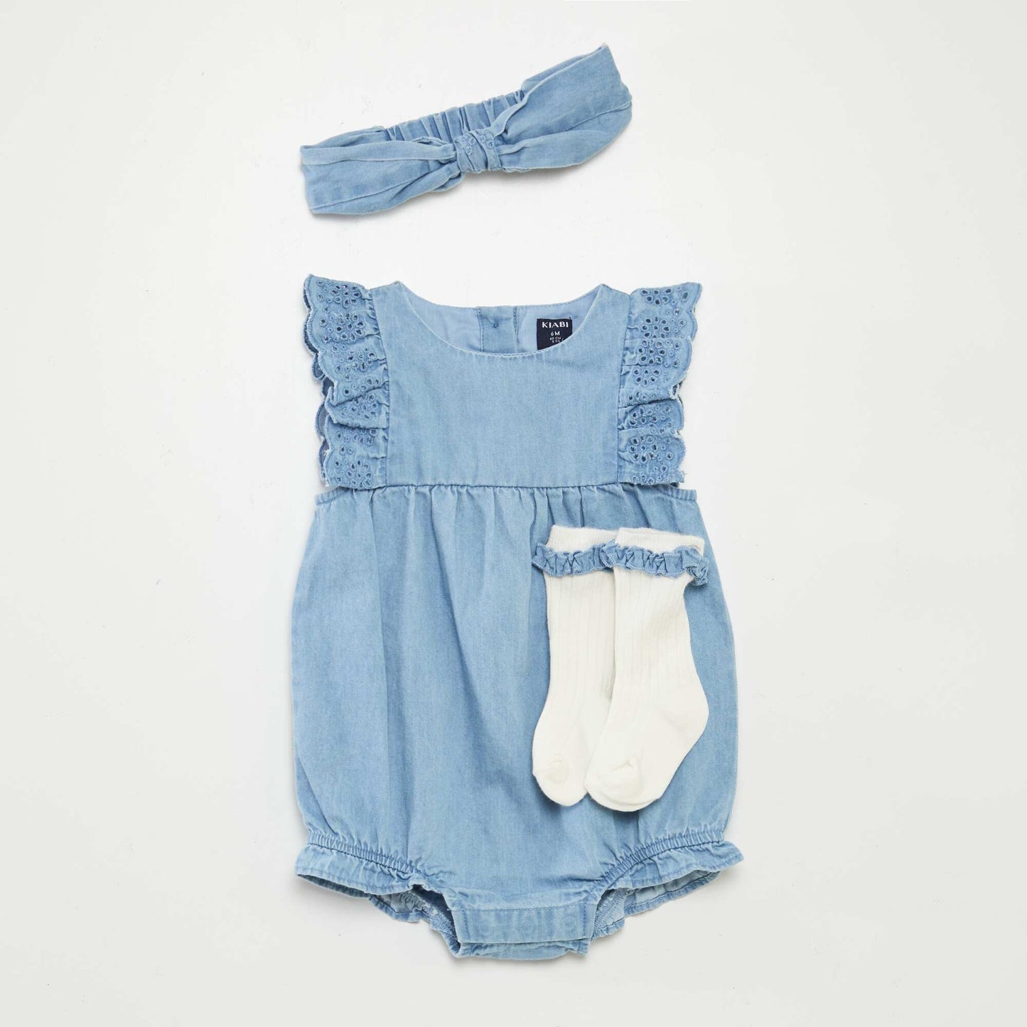 Combinaison en denim avec chaussettes et bandeau assortis - 3 pièces BLEU