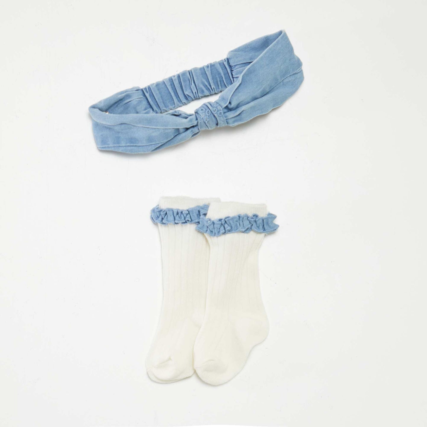 Combinaison en denim avec chaussettes et bandeau assortis - 3 pièces BLEU