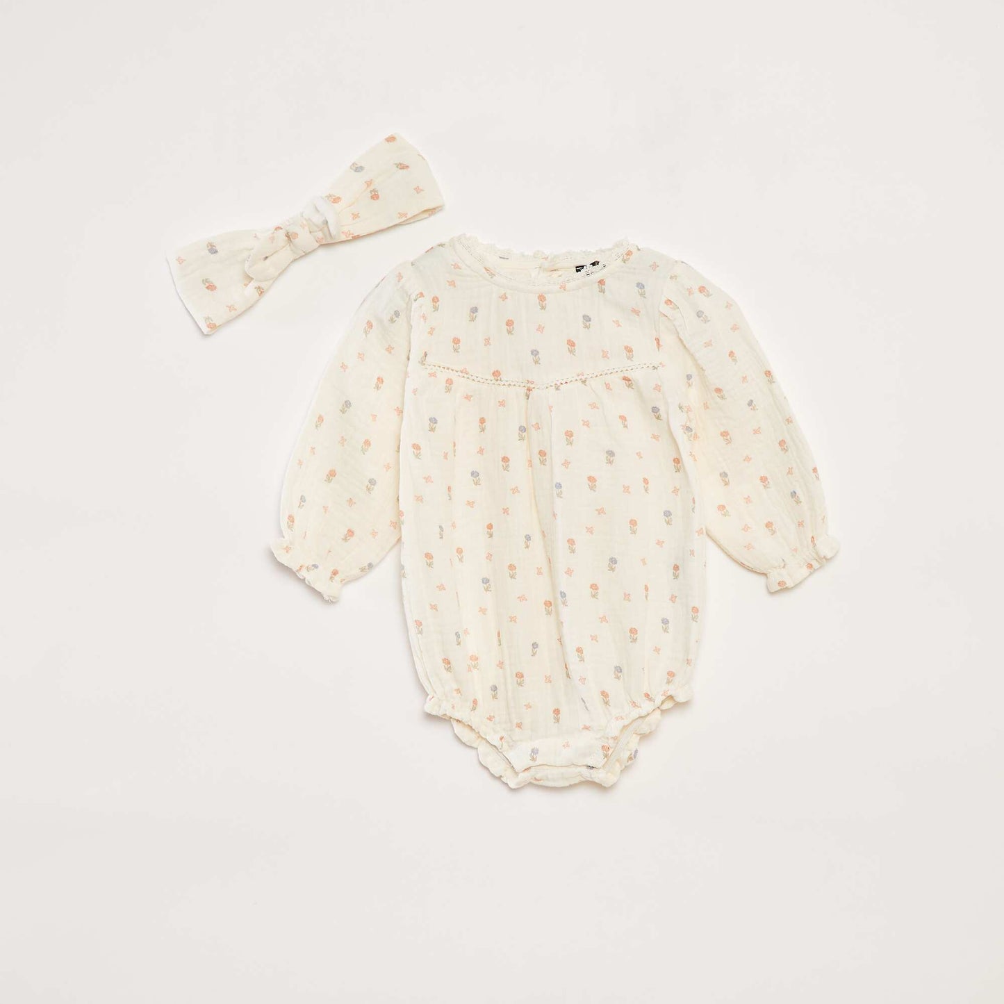 Ensemble barboteuse en gaze de coton + bandeau - 2 pièces BLANC