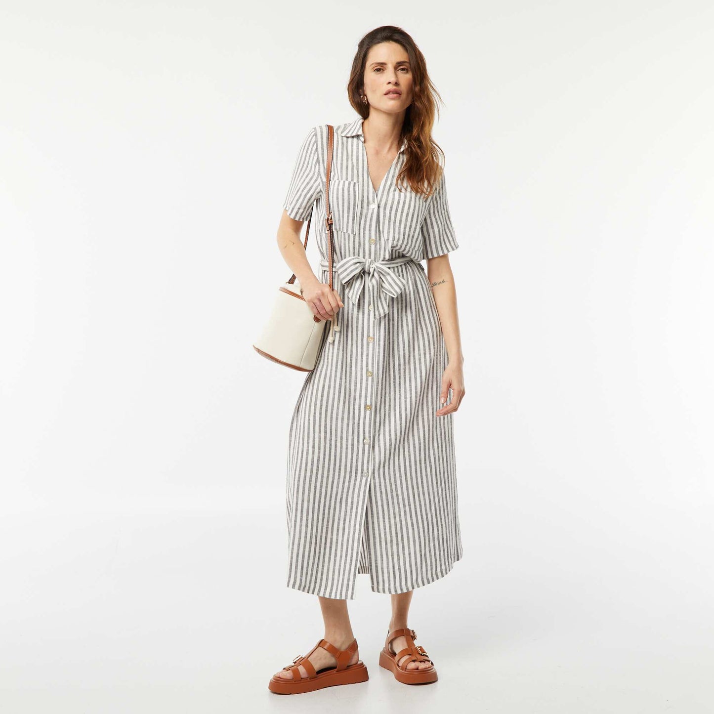 Robe longue à manches courtes en lin mélangé GRIS