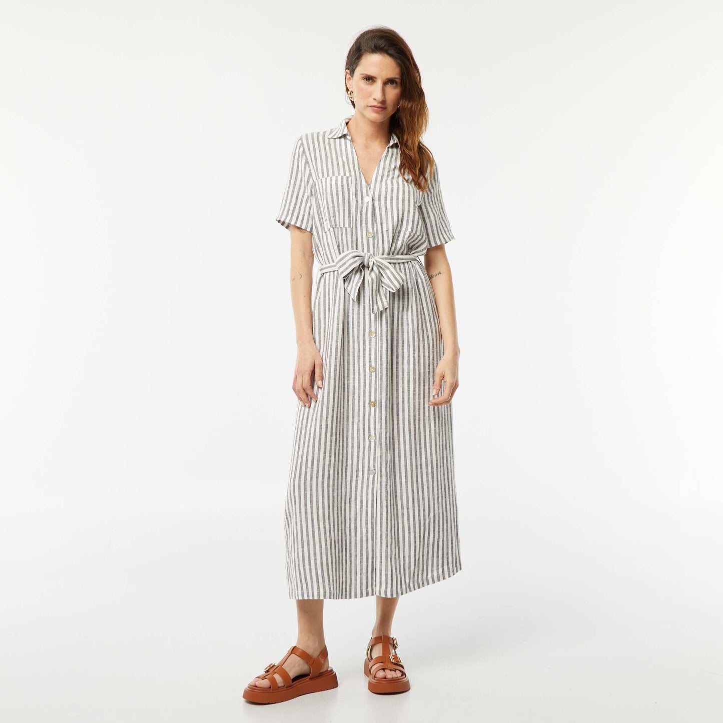 Robe longue à manches courtes en lin mélangé GRIS