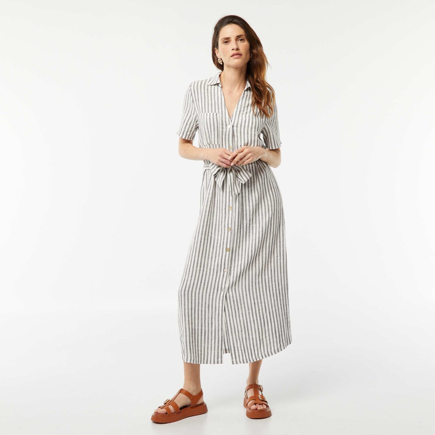 Robe longue à manches courtes en lin mélangé GRIS