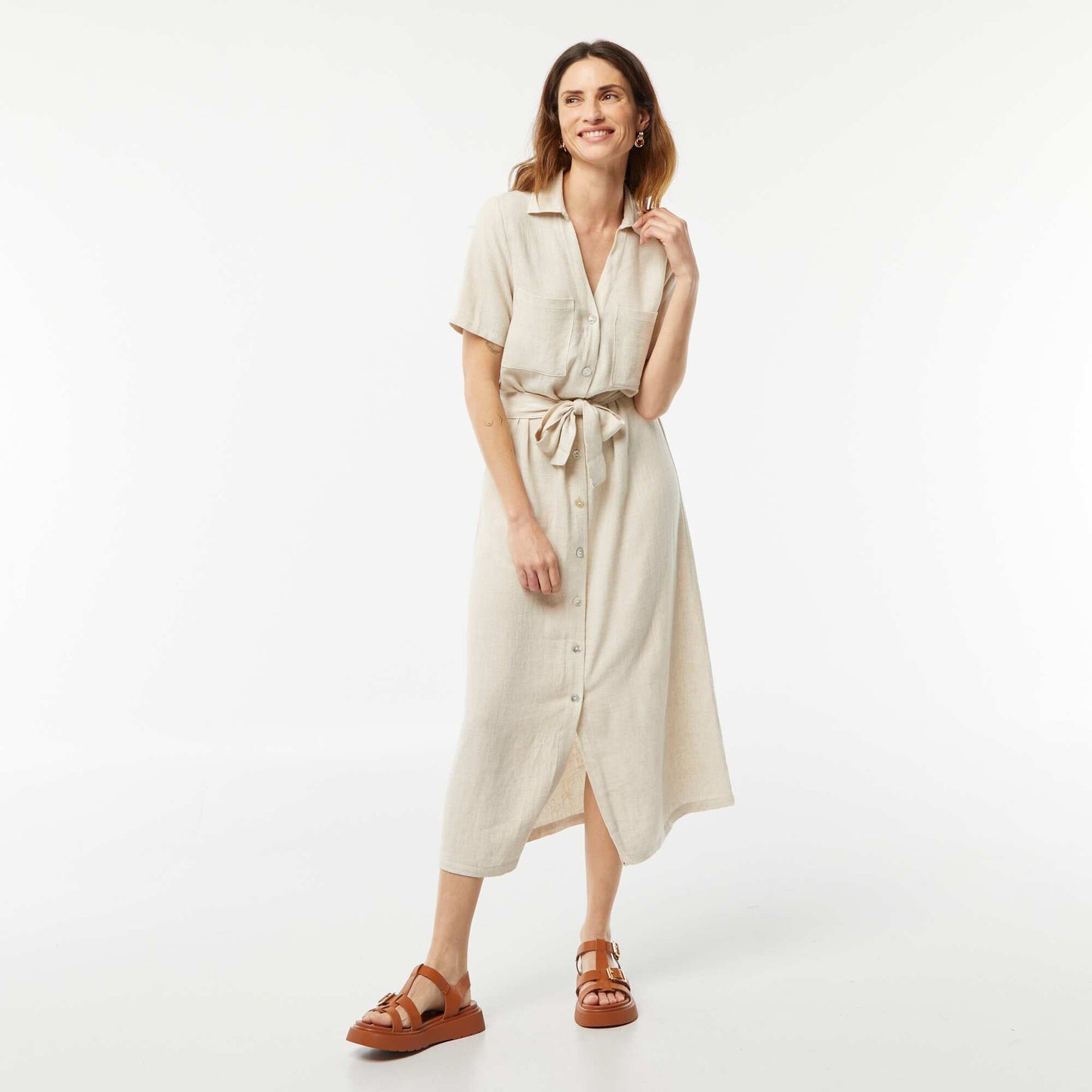 Robe longue à manches courtes en lin mélangé BLANC