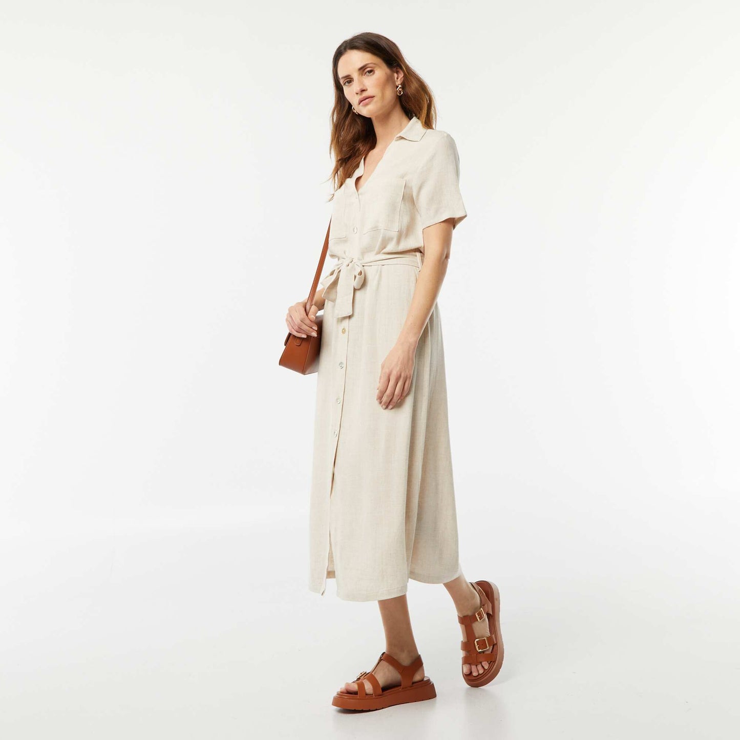 Robe longue à manches courtes en lin mélangé BLANC