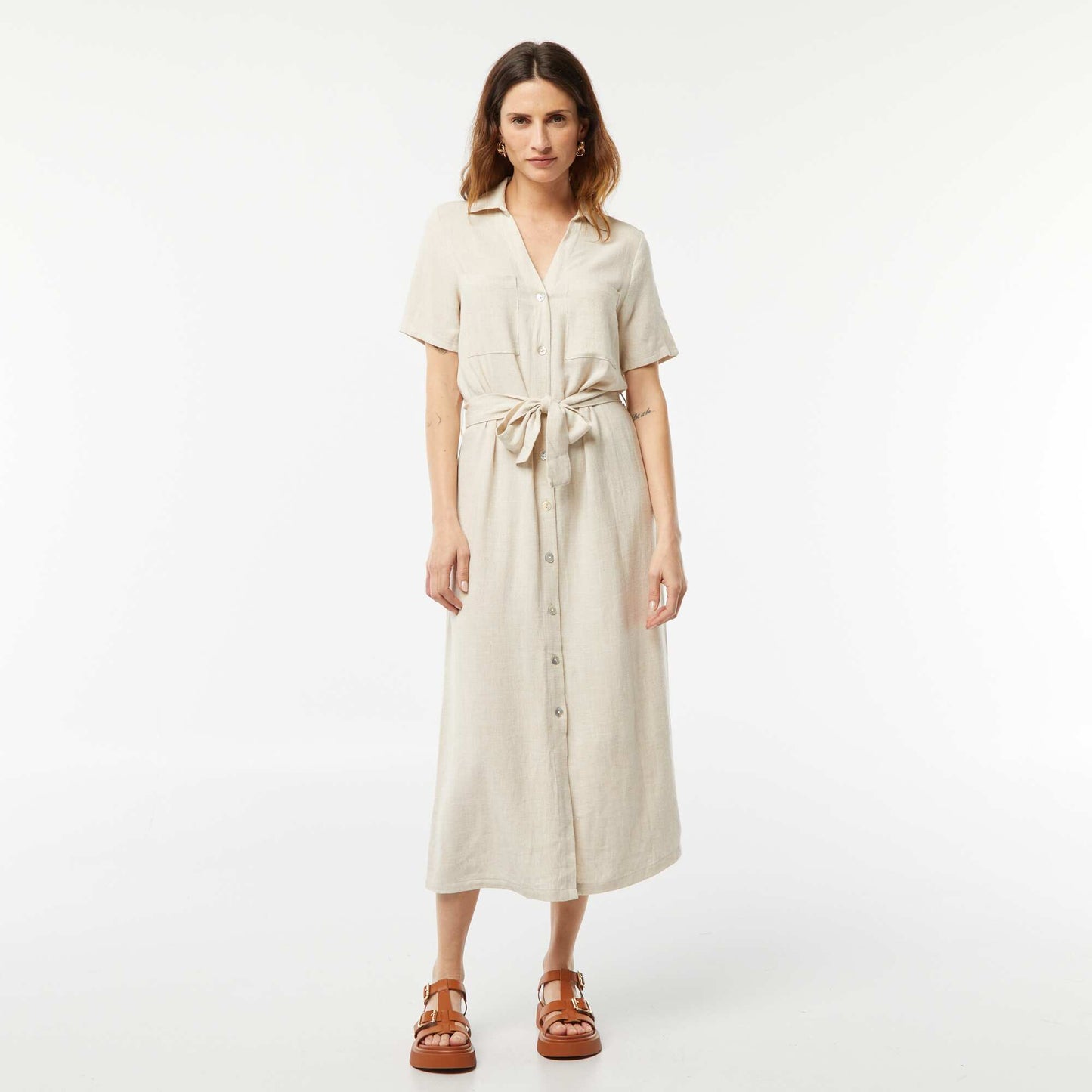 Robe longue à manches courtes en lin mélangé BLANC