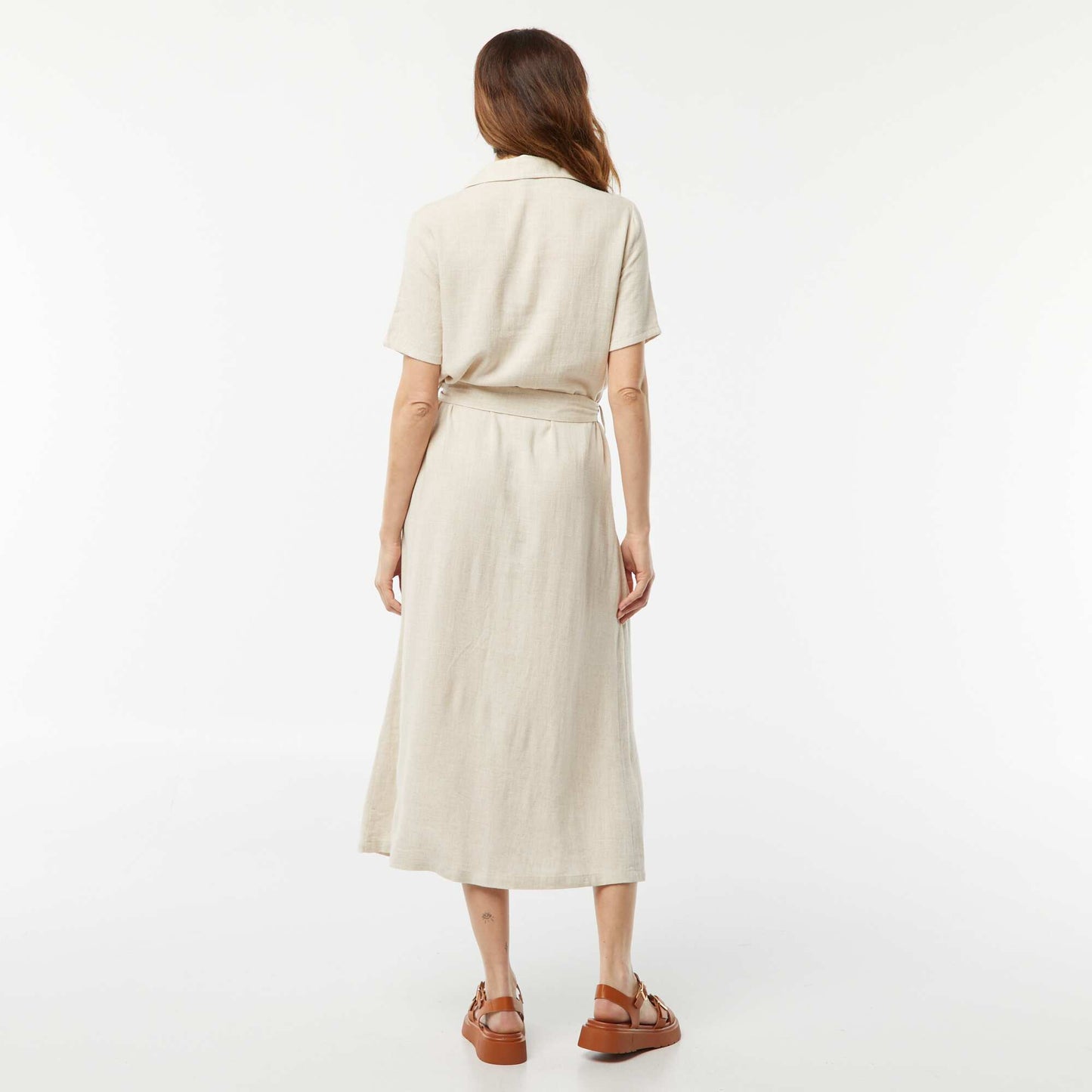 Robe longue à manches courtes en lin mélangé BLANC
