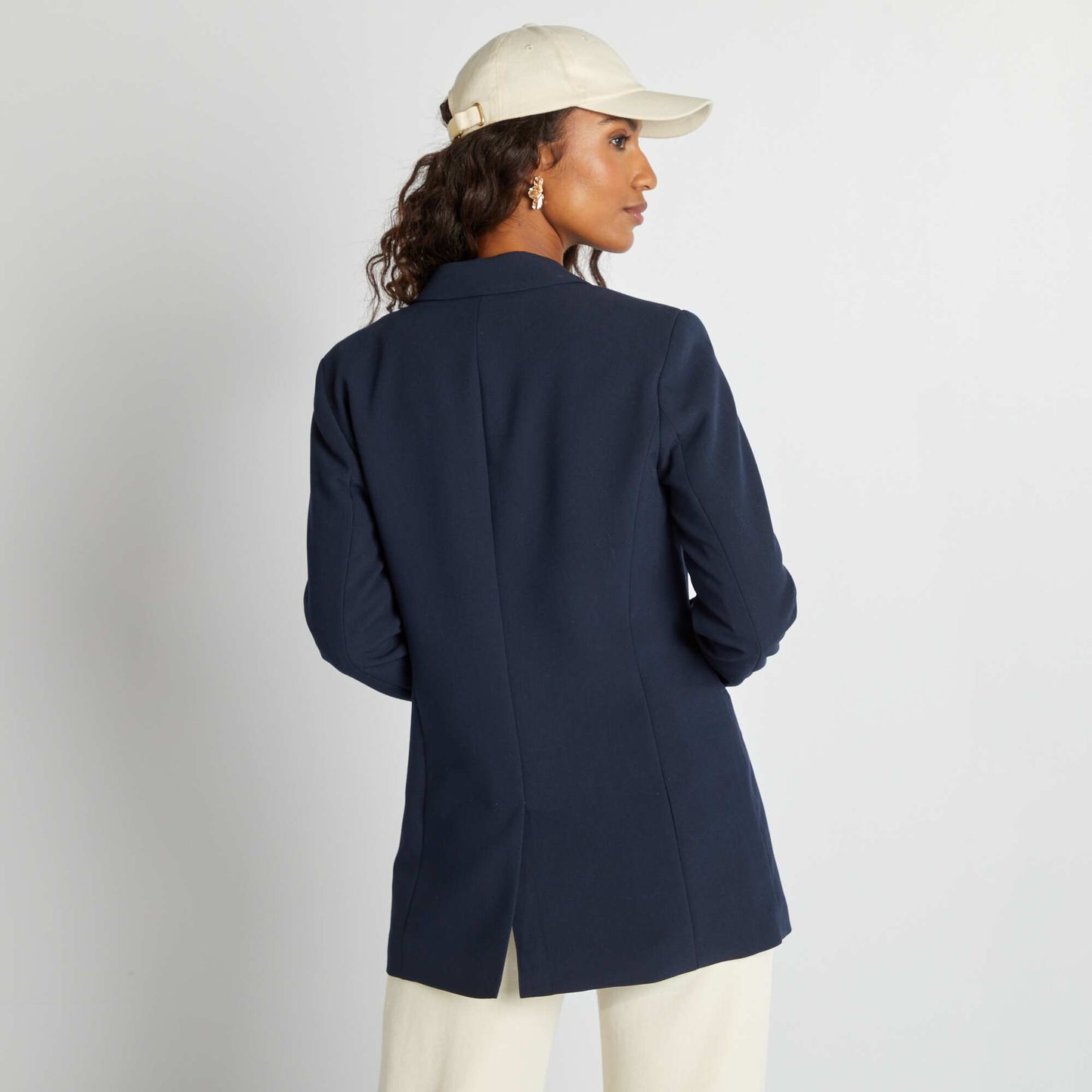 Veste tailleur mi-longue avec boutons fantaisies dorés Bleu