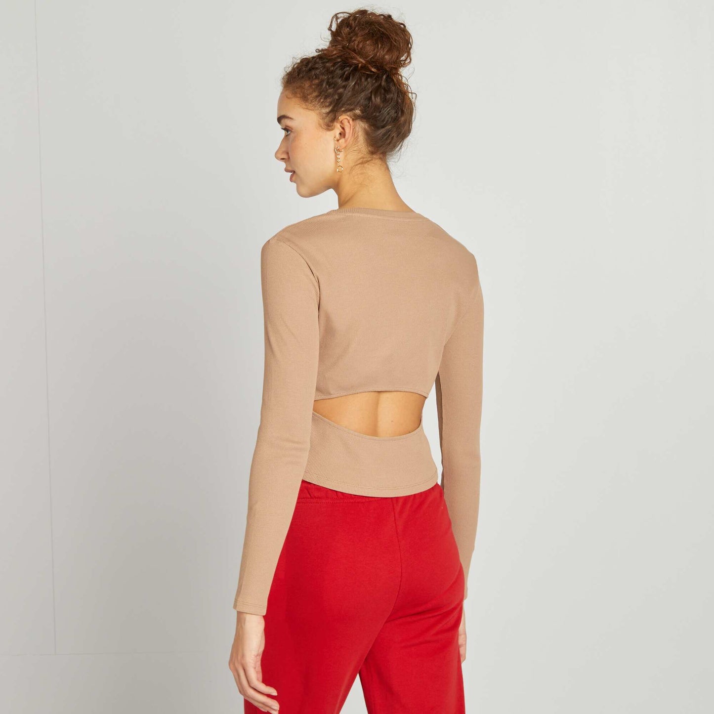 T-shirt côtelé manches longues BEIGE