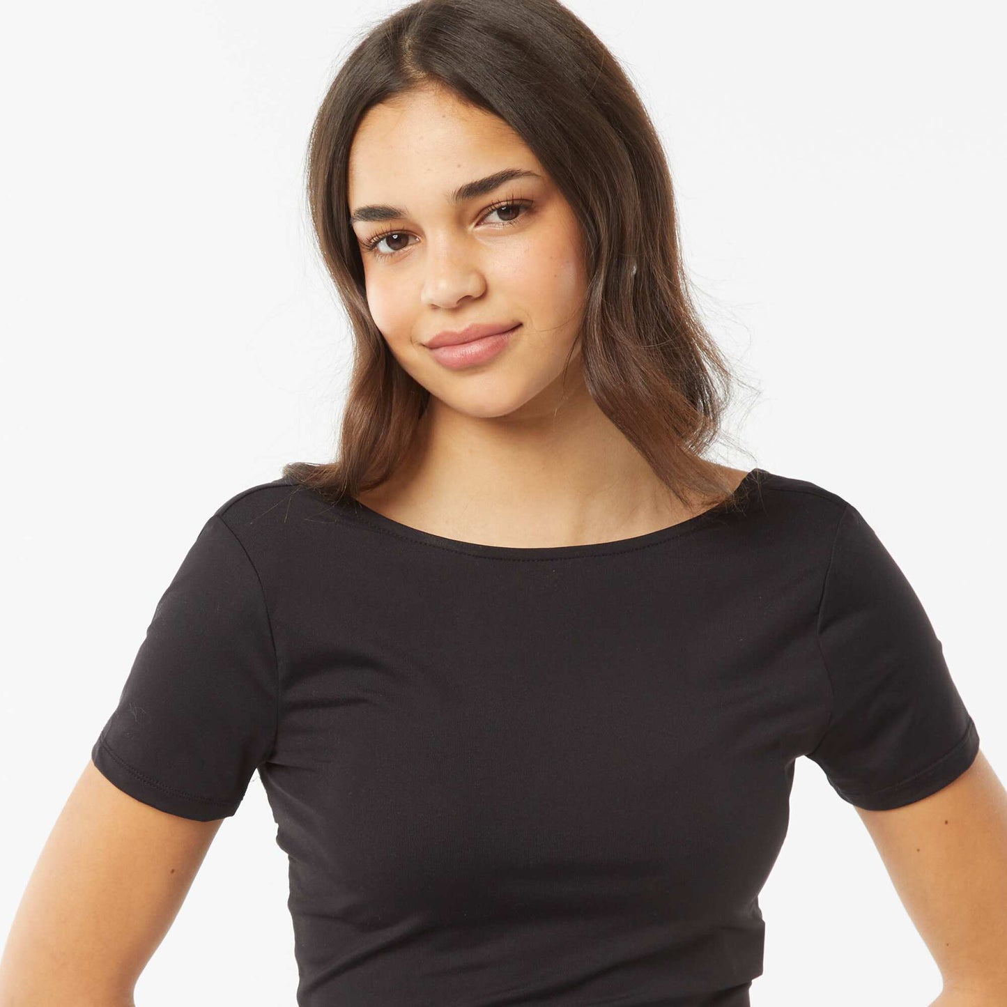 T-shirt cropped en maille stretch et avec dos nu NOIR