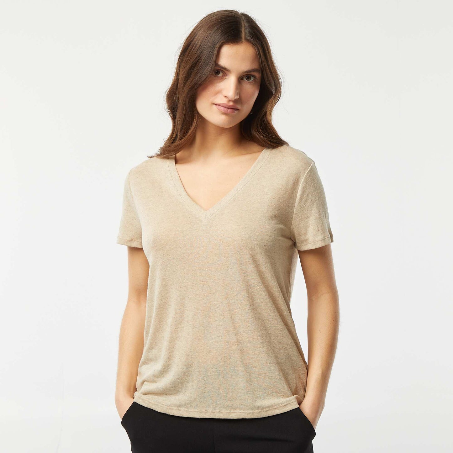 T-shirt basique col V en lin mélangé BEIGE