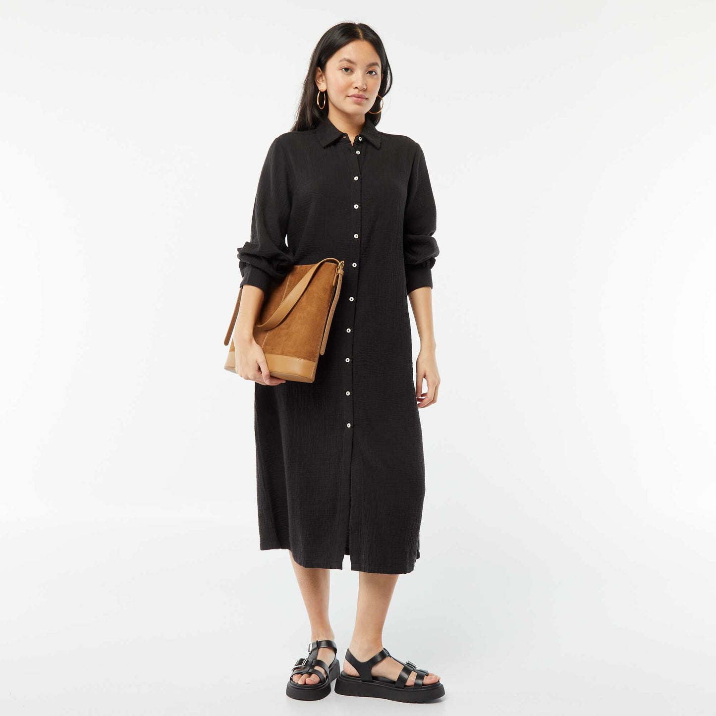 Robe chemise longue en double gaze de coton NOIR