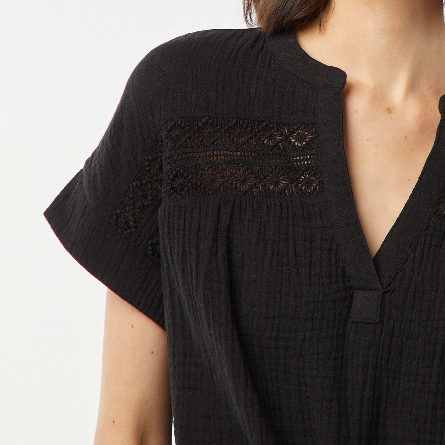 Blouse en gaze de coton avec broderies NOIR