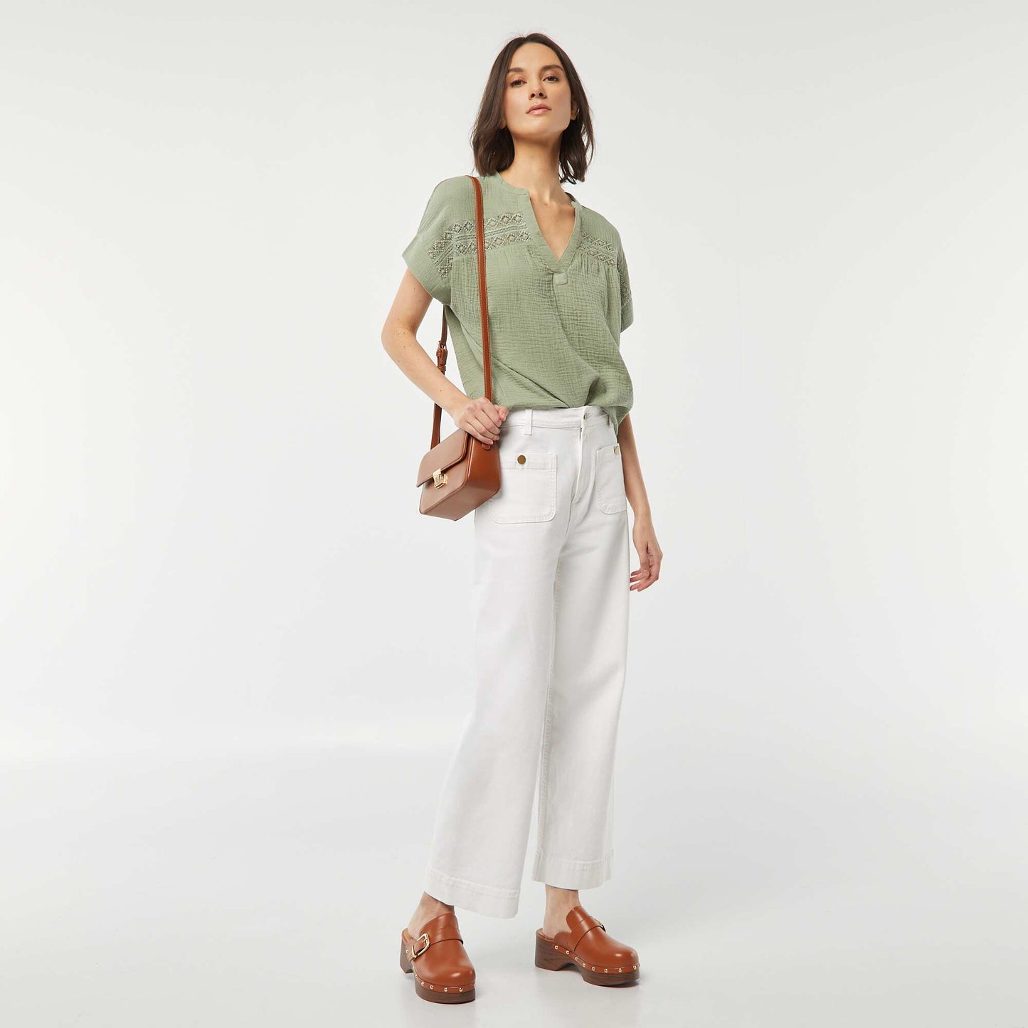 Blouse en gaze de coton avec broderies BLEU