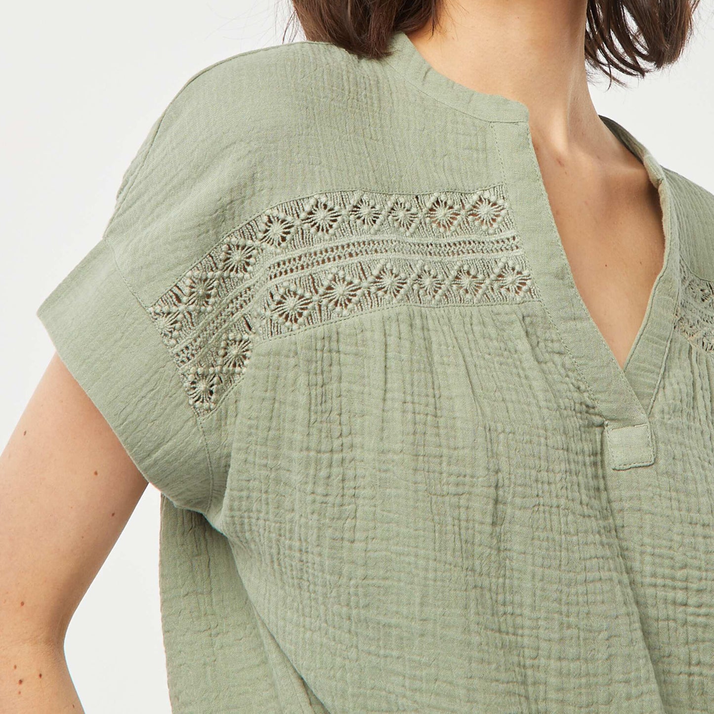 Blouse en gaze de coton avec broderies BLEU