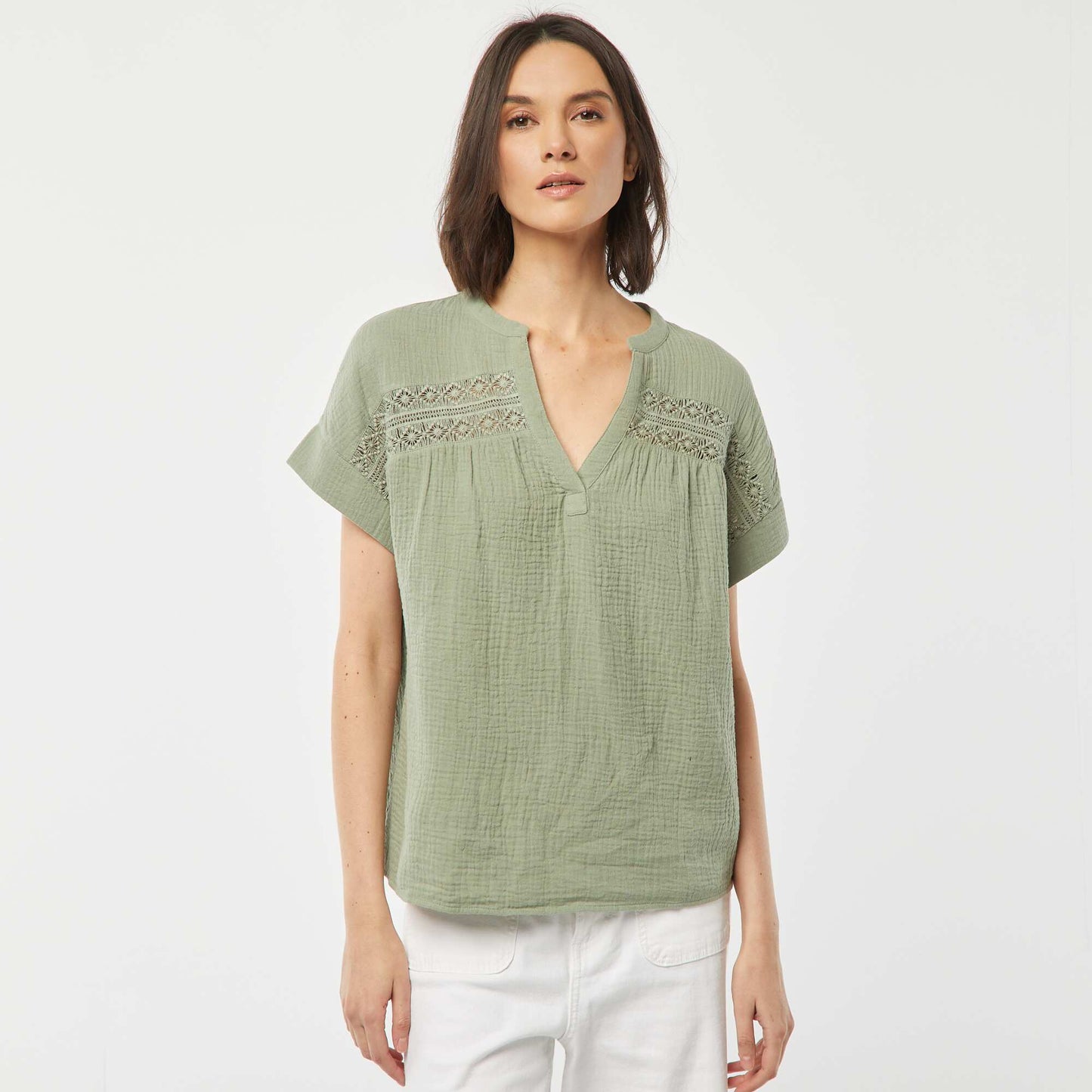 Blouse en gaze de coton avec broderies BLEU