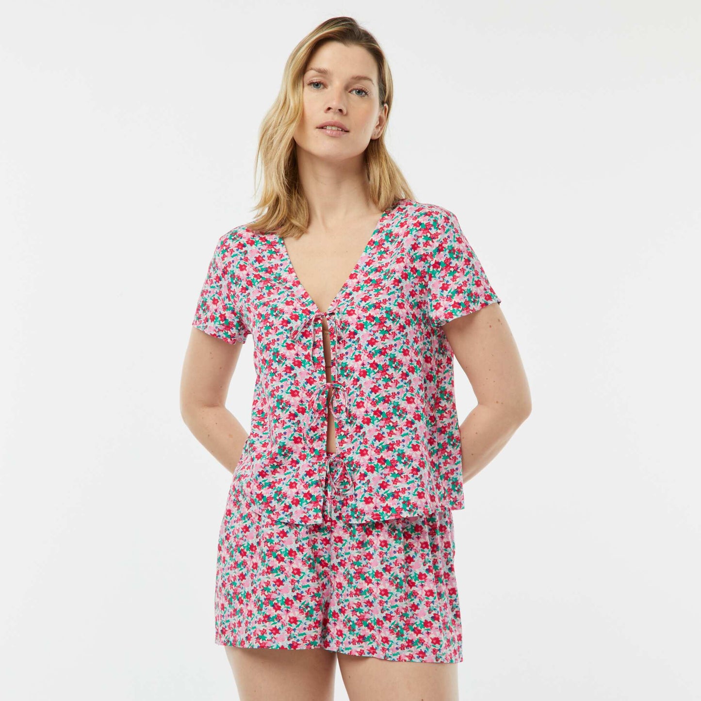 Pyjama short 2 pièces avec tee-shirt noué ROSE FLEURI