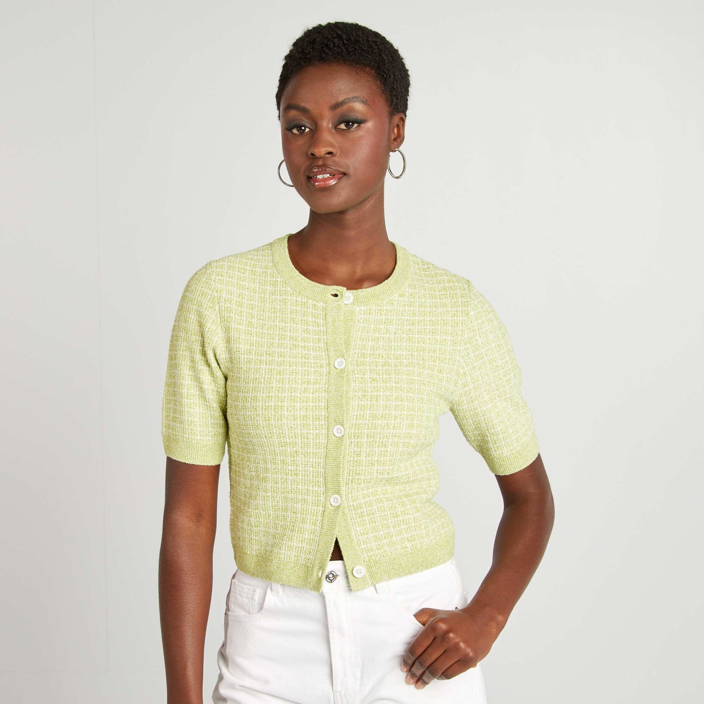 Gilet manches courtes maille carreaux VERT