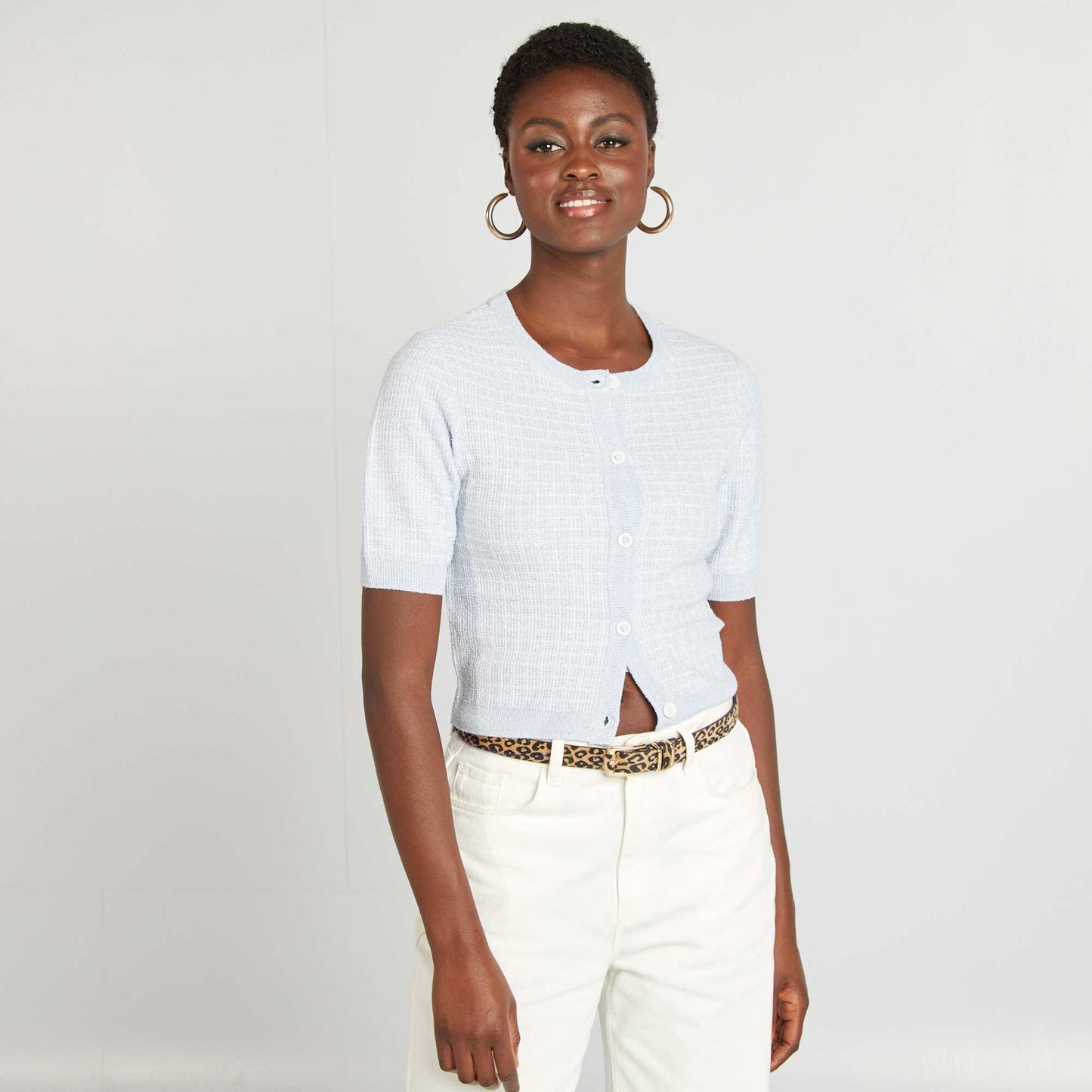 Gilet manches courtes maille carreaux BLEU