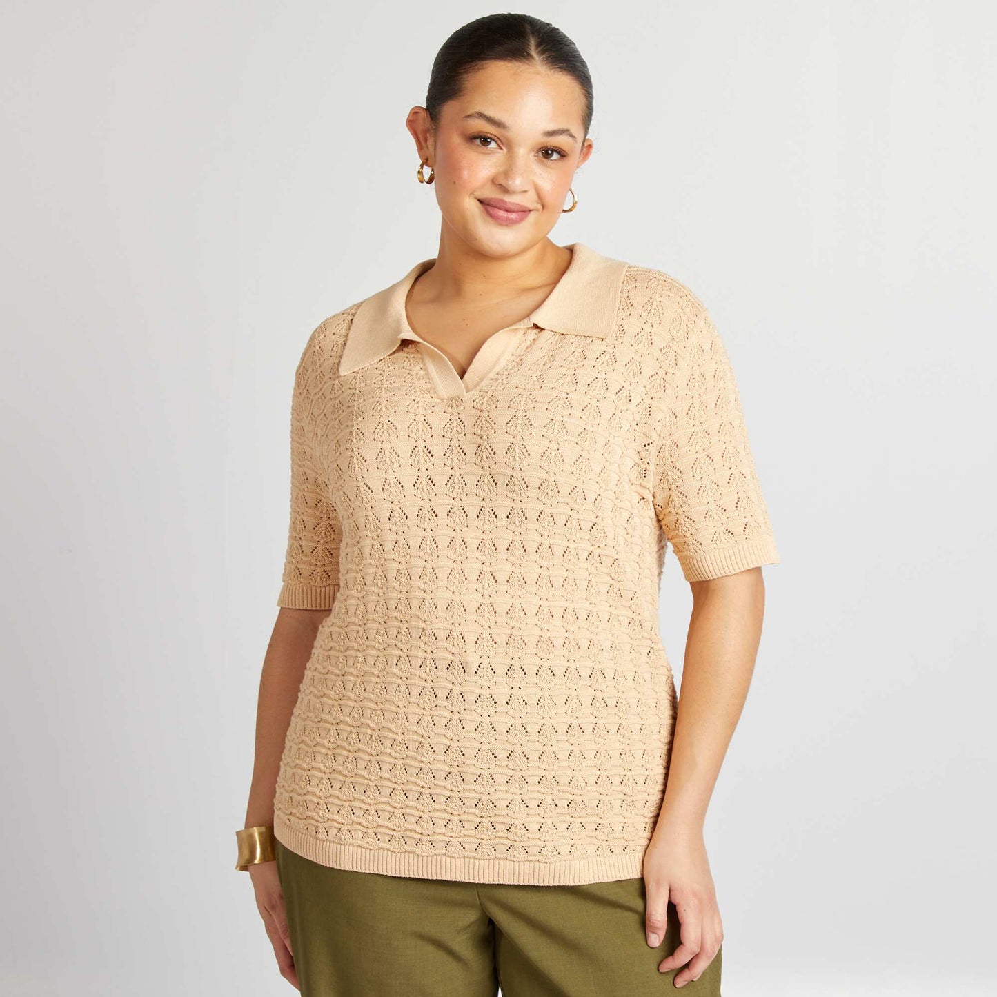Pull crochet à manches courtes BEIGE