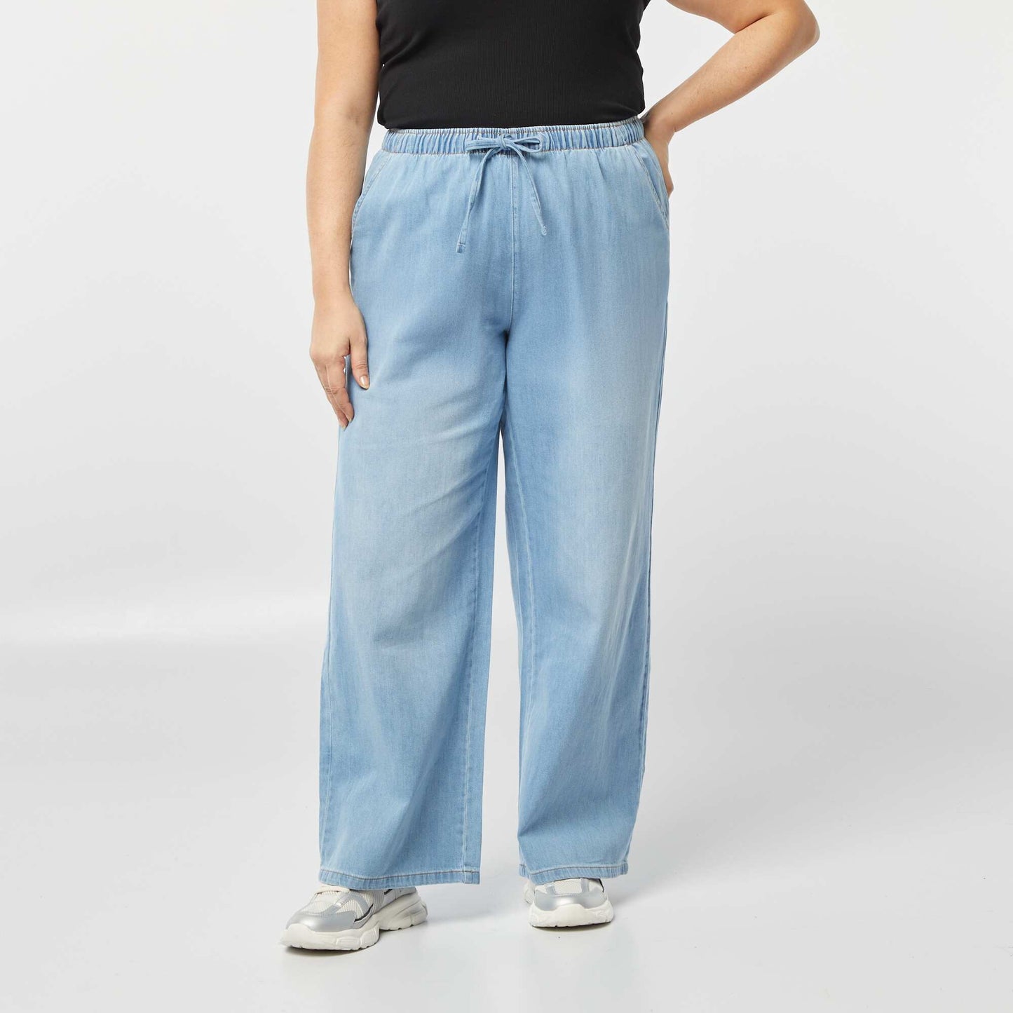 Pantalon large en denim avec taille smockée DENIM