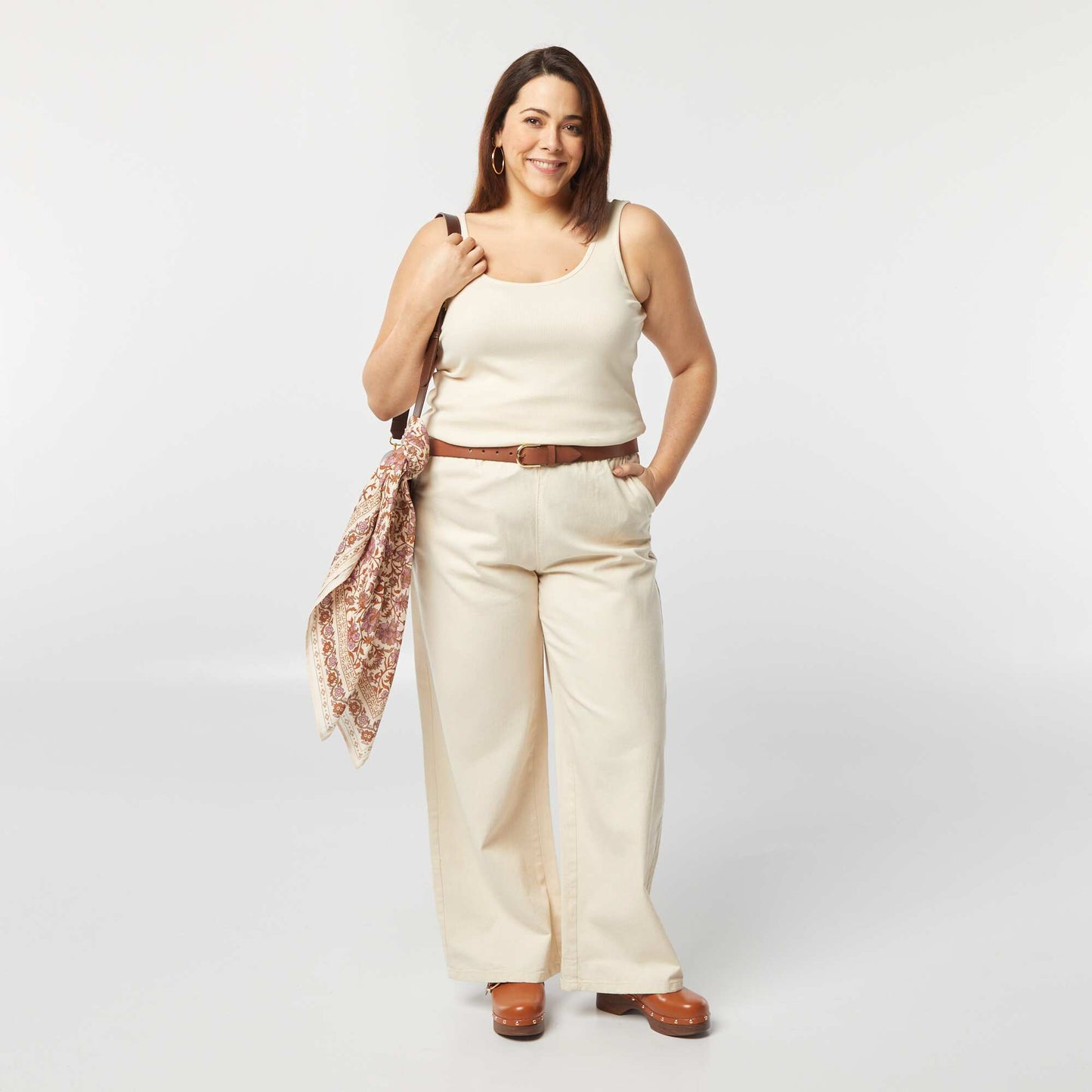 Pantalon large en denim avec taille smockée BLANC