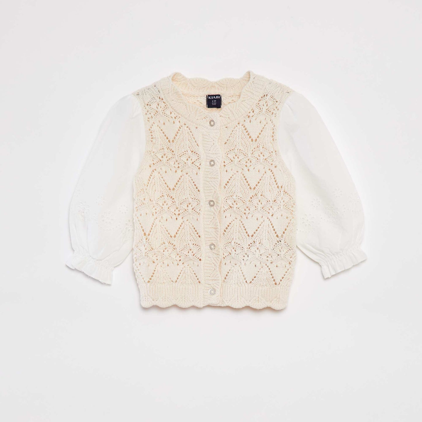 Gilet en tricot boutonné avec manches en gaze de coton BEIGE