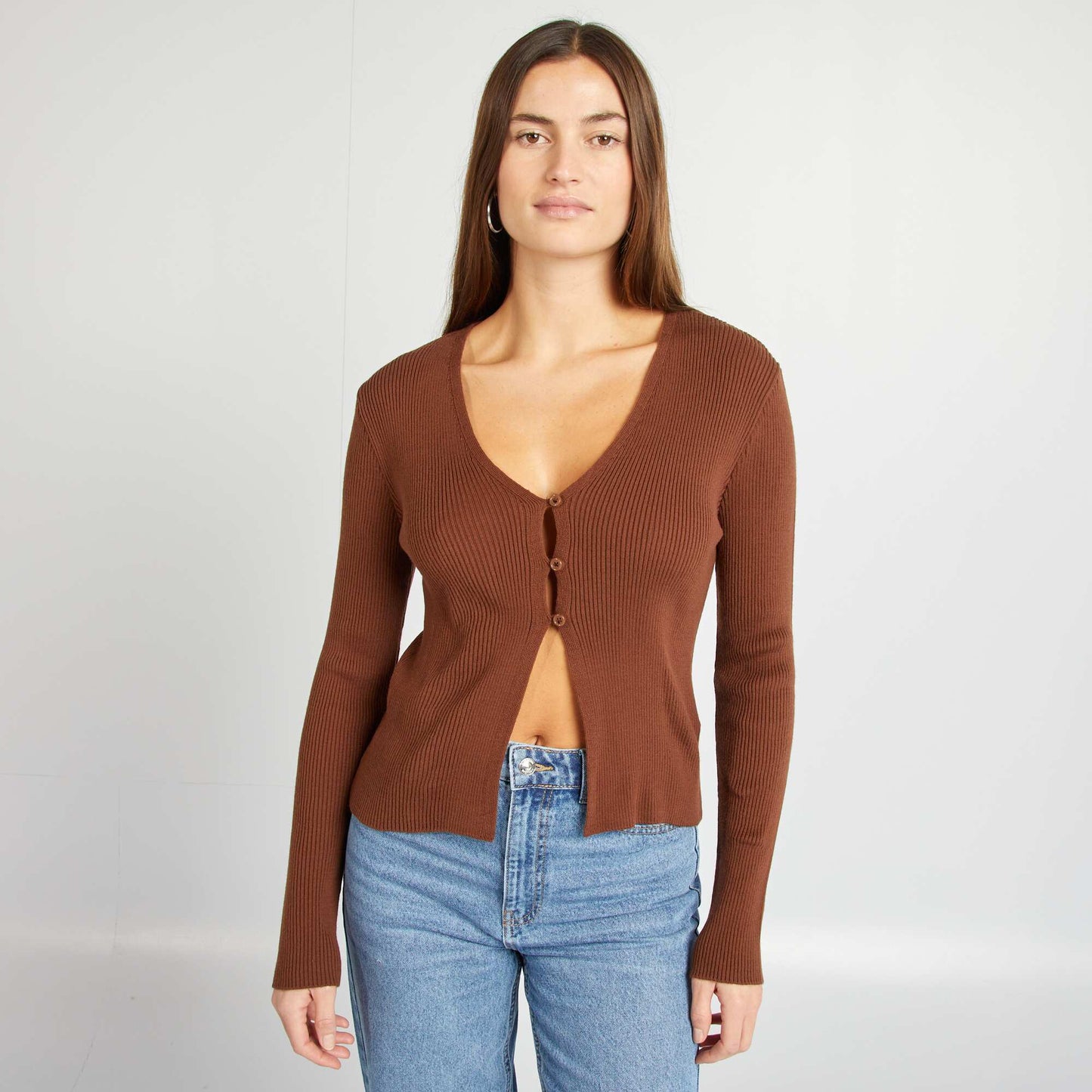 Gilet cropped en maille côtelée Marron