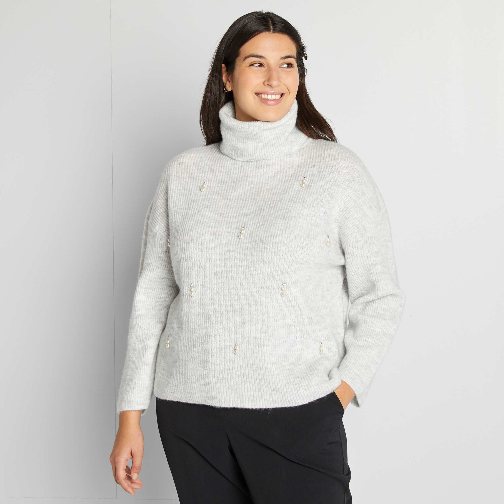 Pull col roulé en maille jacquard - Gris clair chiné/Les Alpes - FEMME Pull col roulé en maille jacquard - Gris clair chiné/Les Alpes - FEMME