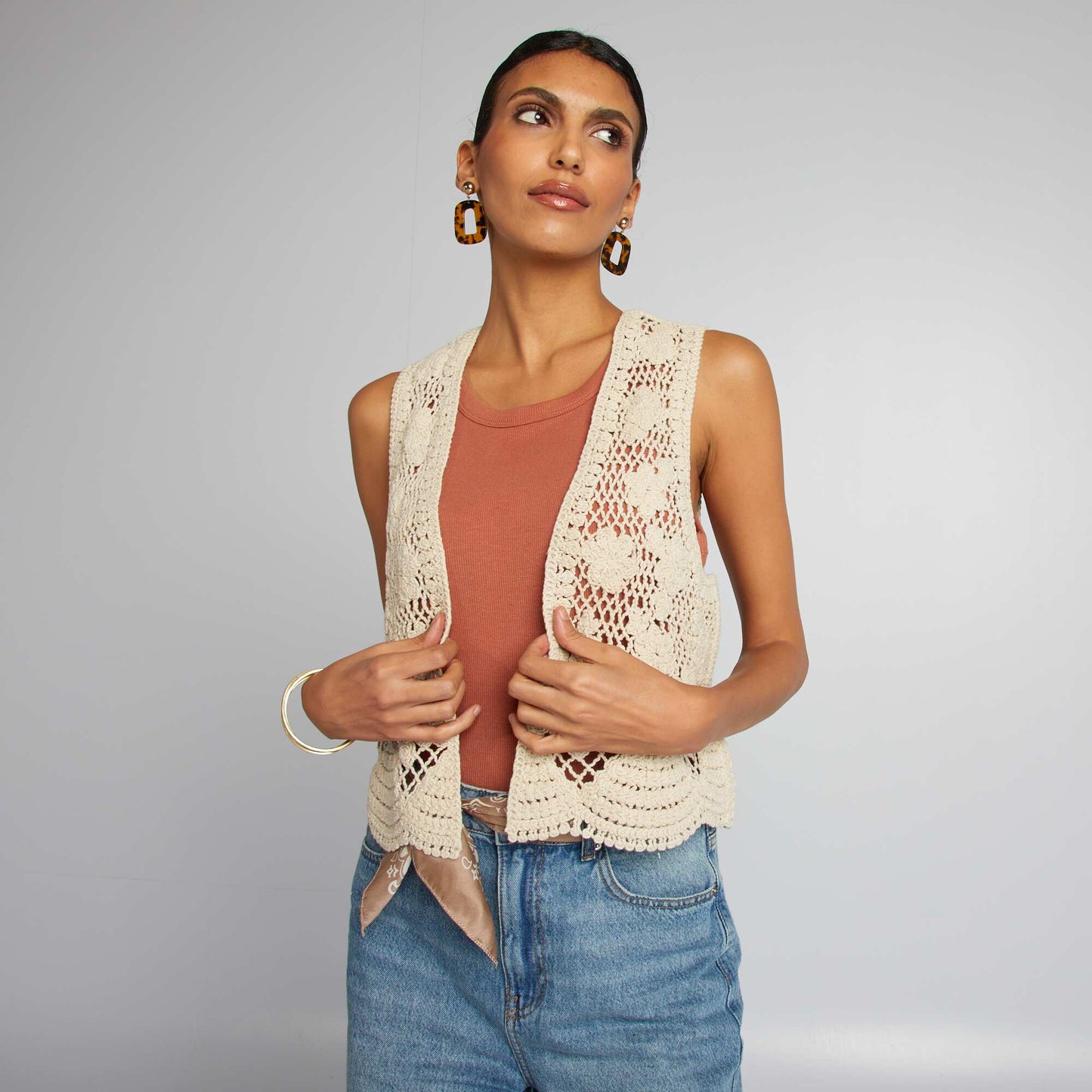 Gilet sans manches en macramé BEIGE