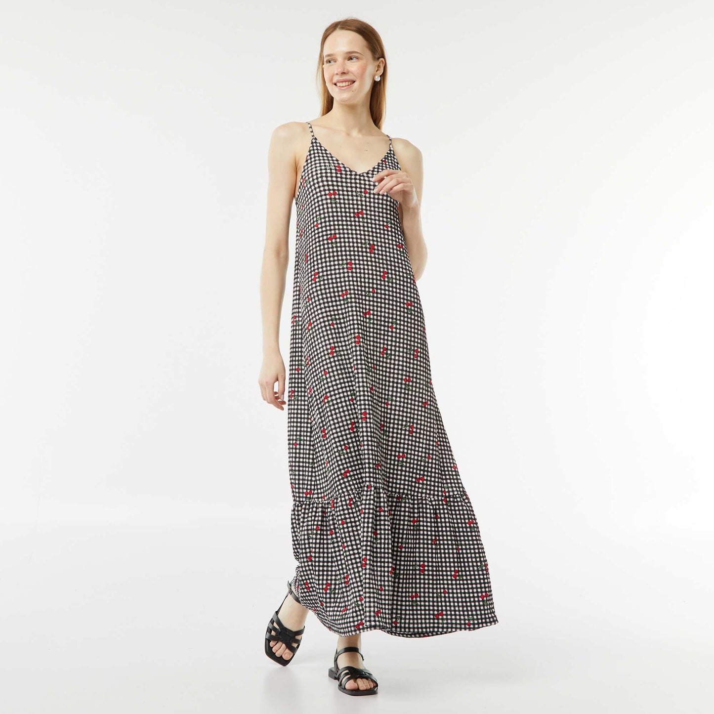 Robe longue à fines bretelles en matière gaufrée NOIR
