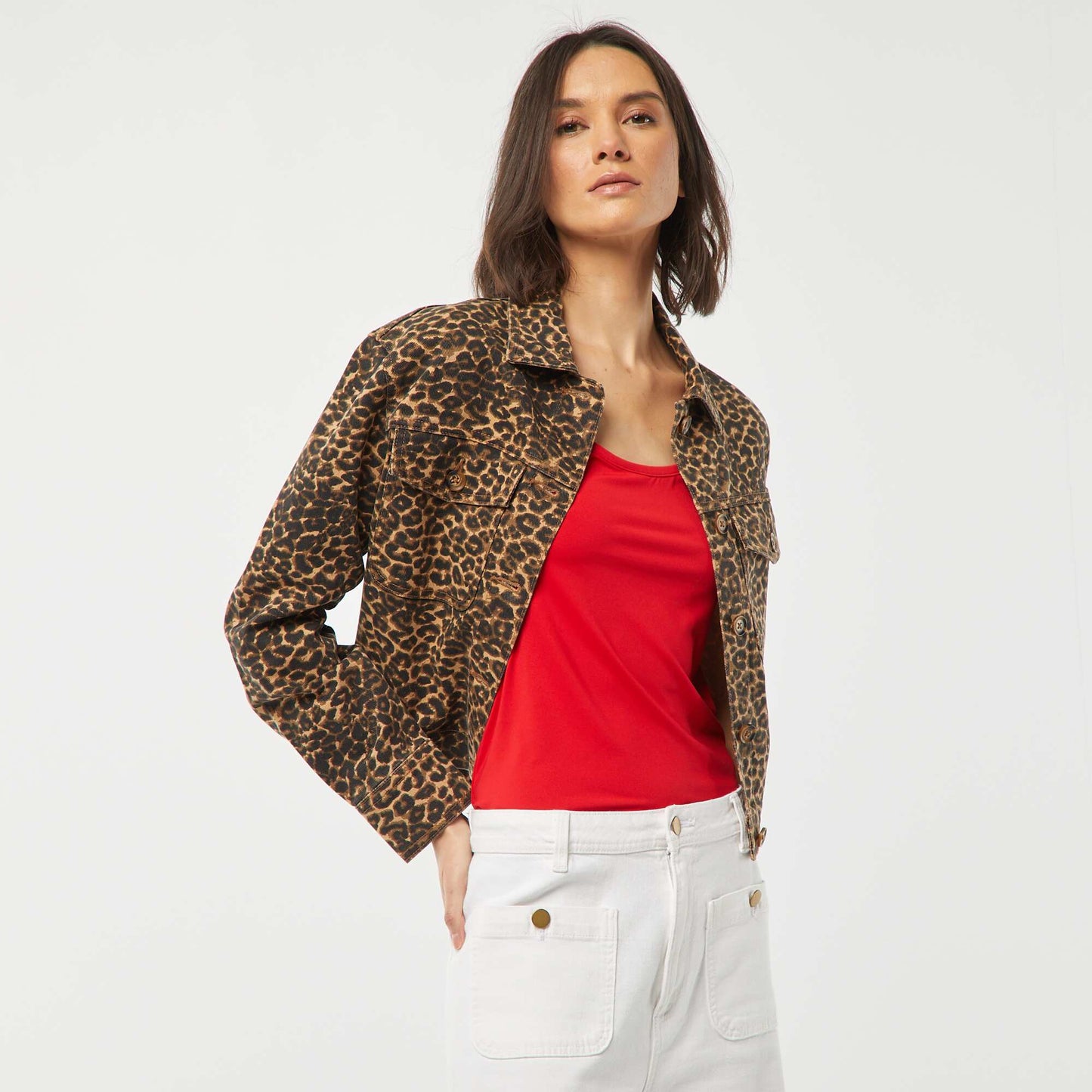 Veste en jean à motif léopard BEIGE
