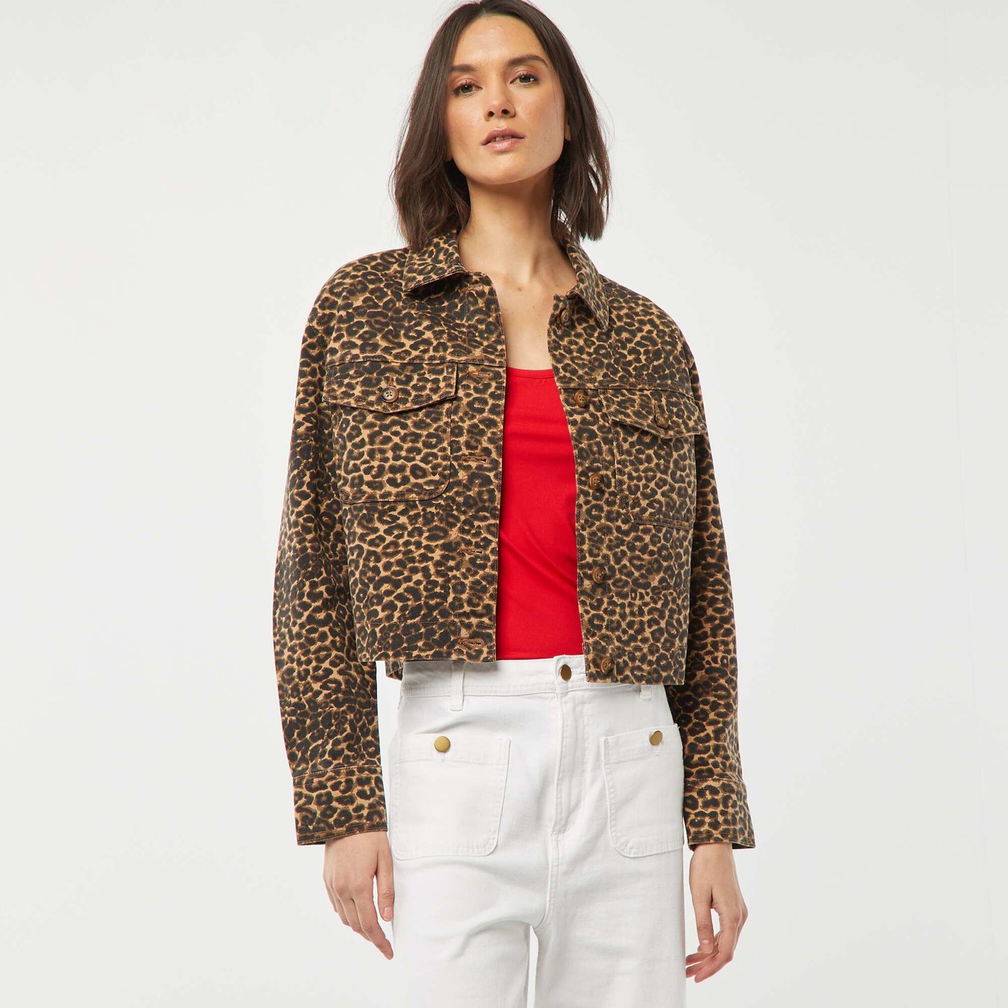 Veste en jean à motif léopard BEIGE