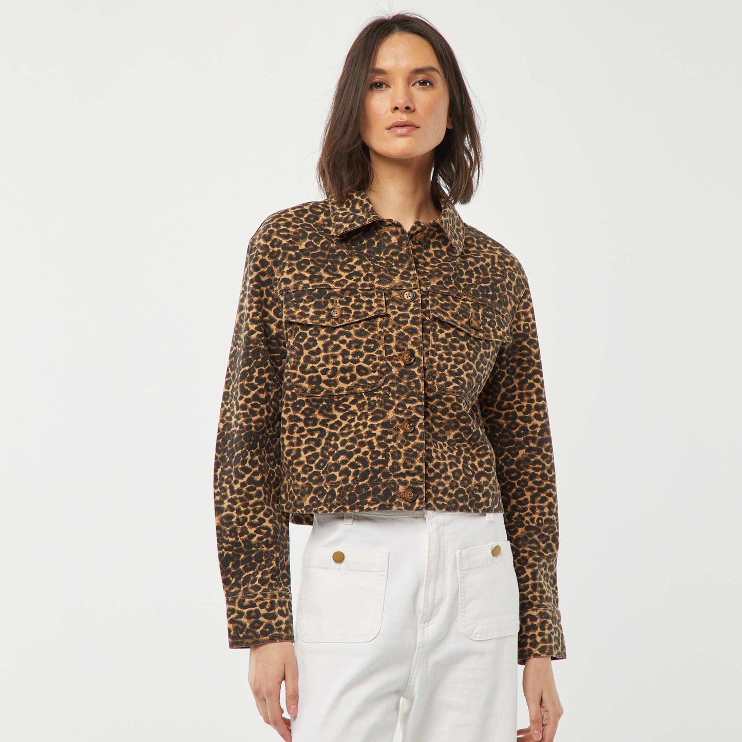 Veste en jean à motif léopard BEIGE