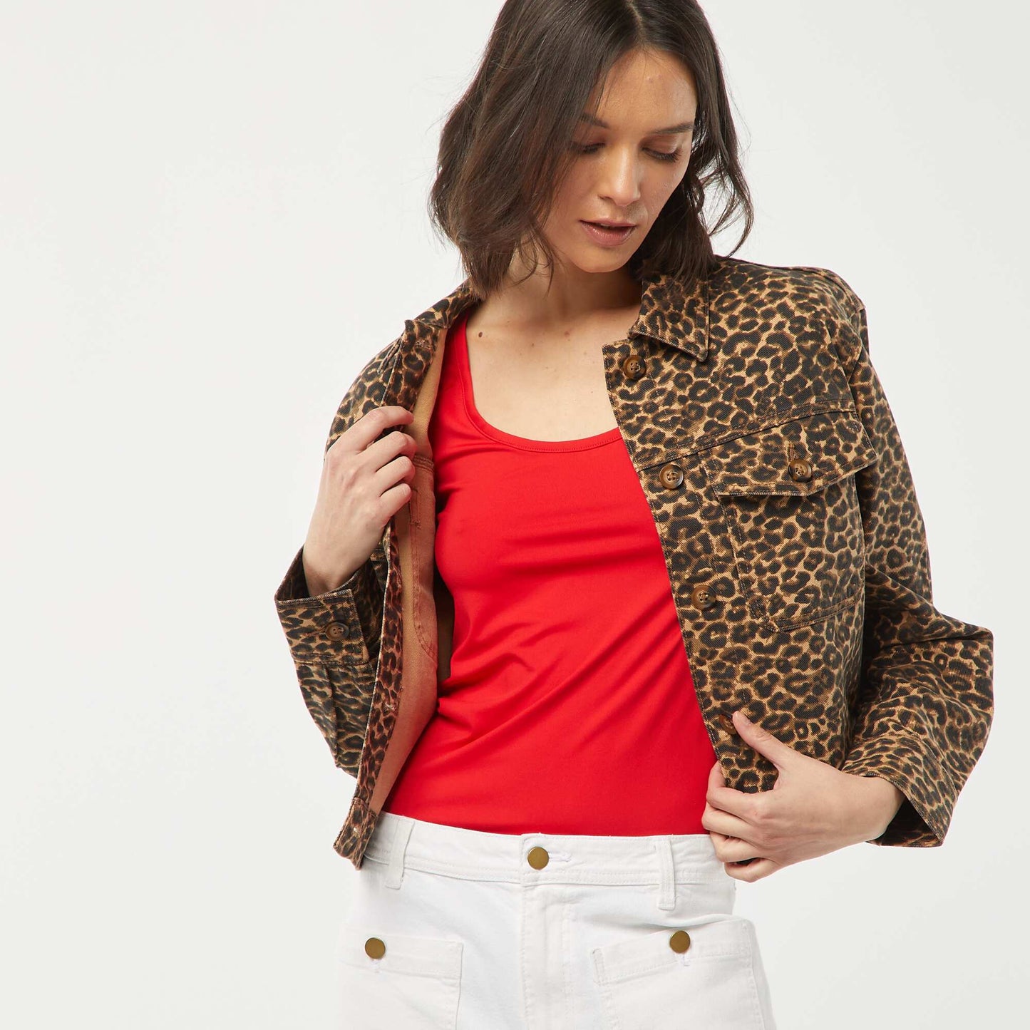 Veste en jean à motif léopard BEIGE