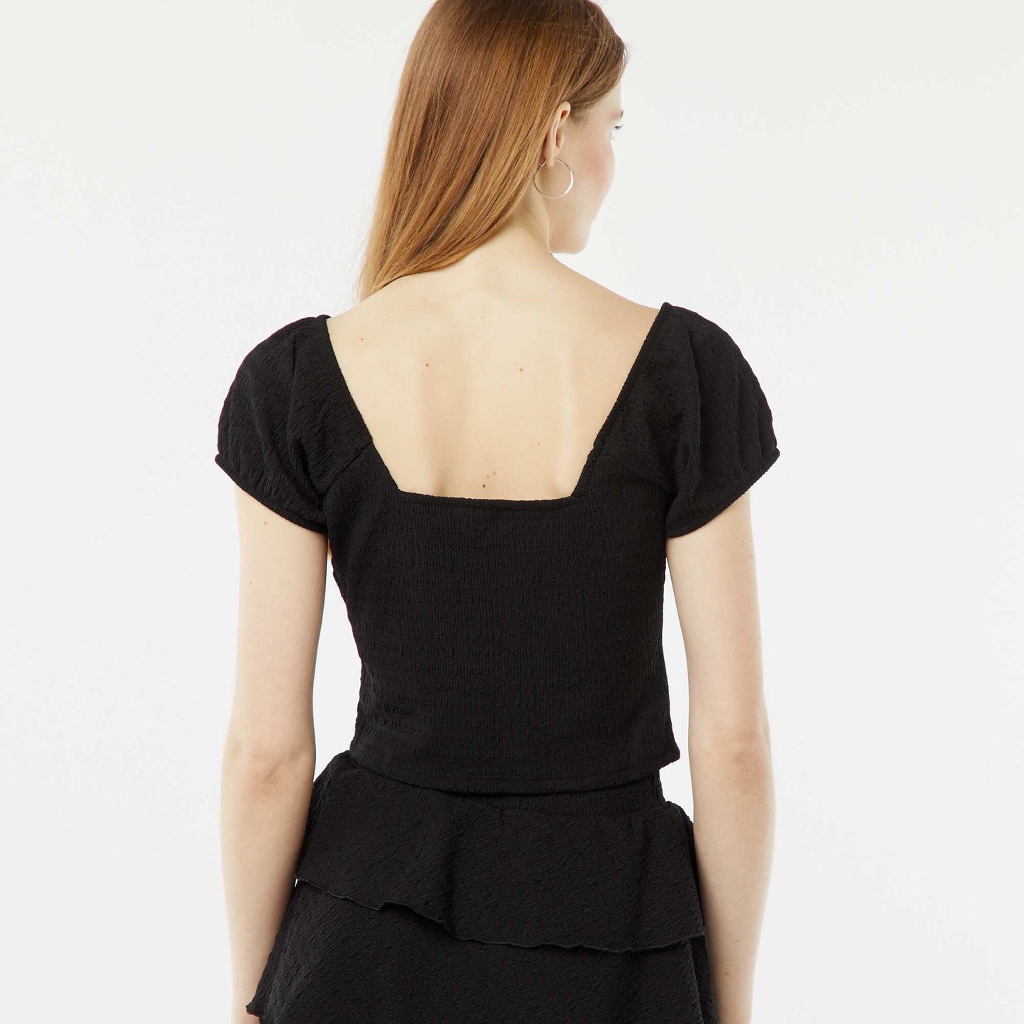 Top en maille gaufrée col carré NOIR