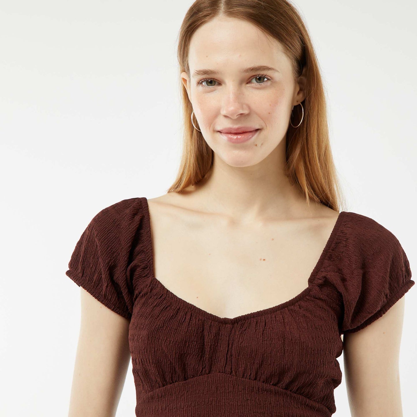 Top en maille gaufrée col carré MARRON