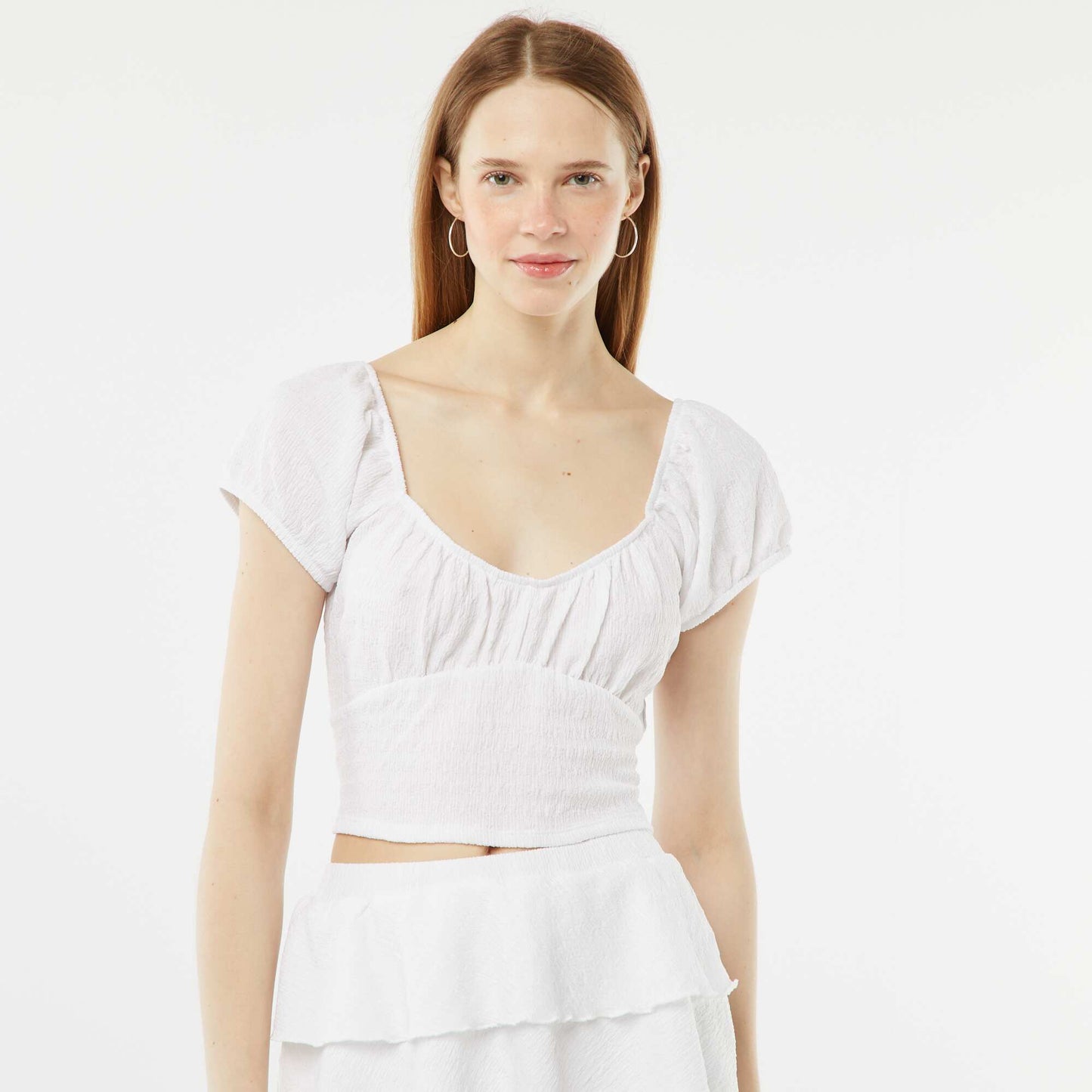 Top en maille gaufrée col carré BLANC