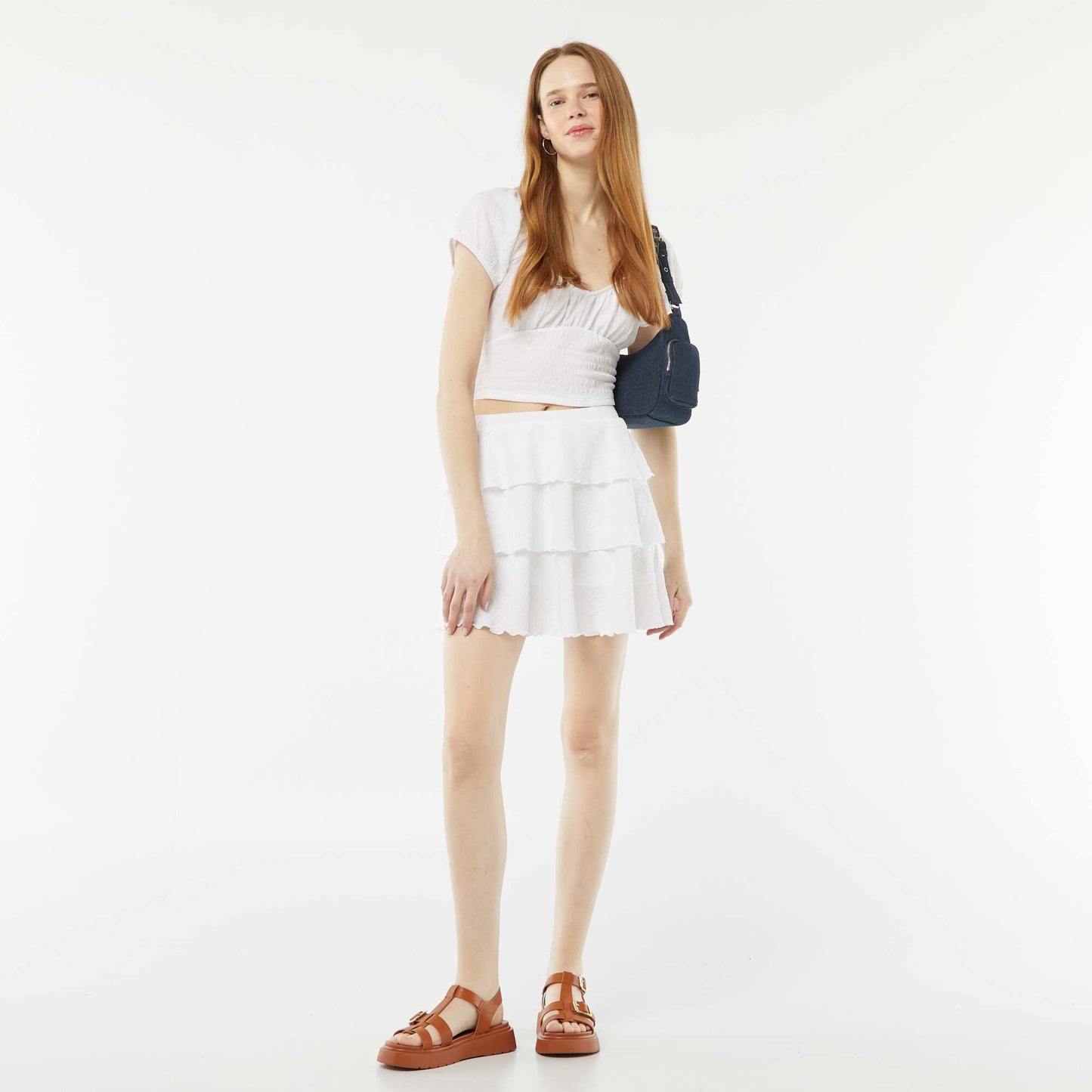 Top en maille gaufrée col carré BLANC